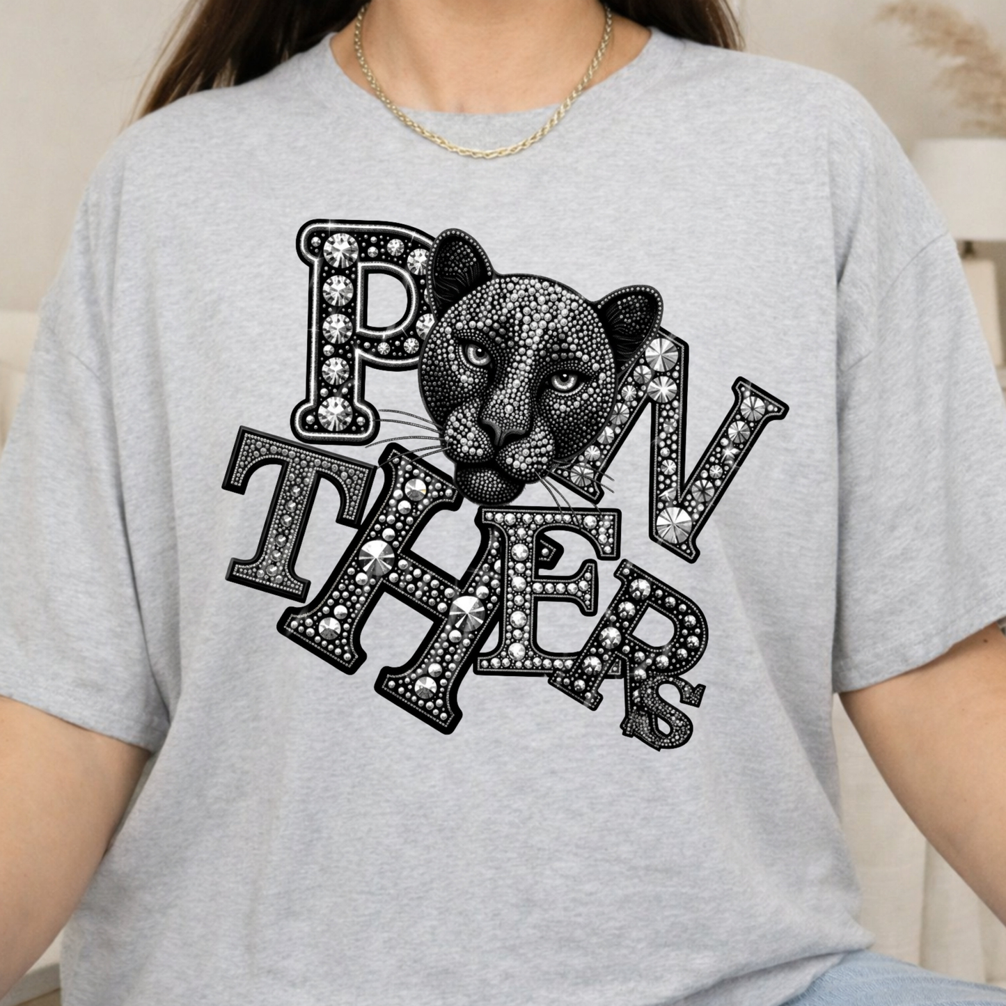 Panthers Spirit Shirt - Sparkly Bling Panther Faux Rhinestone Mascot T-shirt