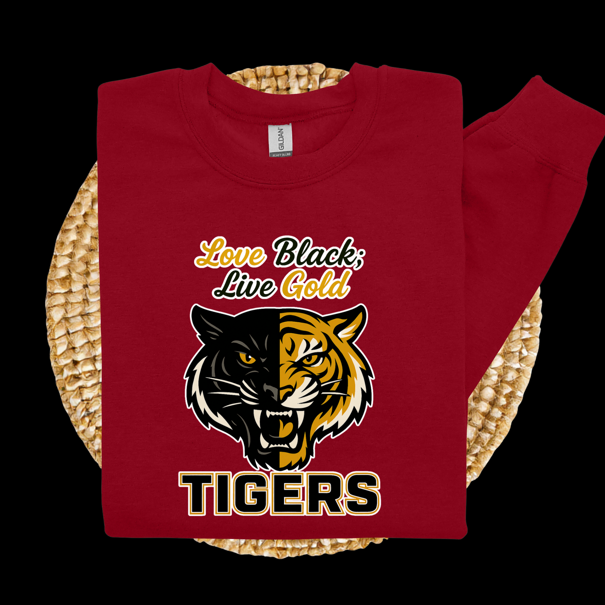 Red sweatshirt with tiger design and text on a woven surface Grambling Tigers Sweater: Love Black; Live Gold Unisex Bold Crewneck Sweater