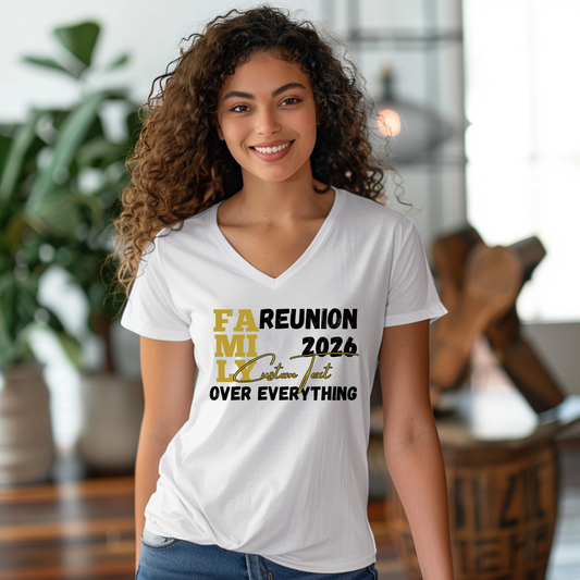 Woman wearing a white t-shirt with 'Farewell Mix 2026 Over Everything' text in a casual indoor setting.