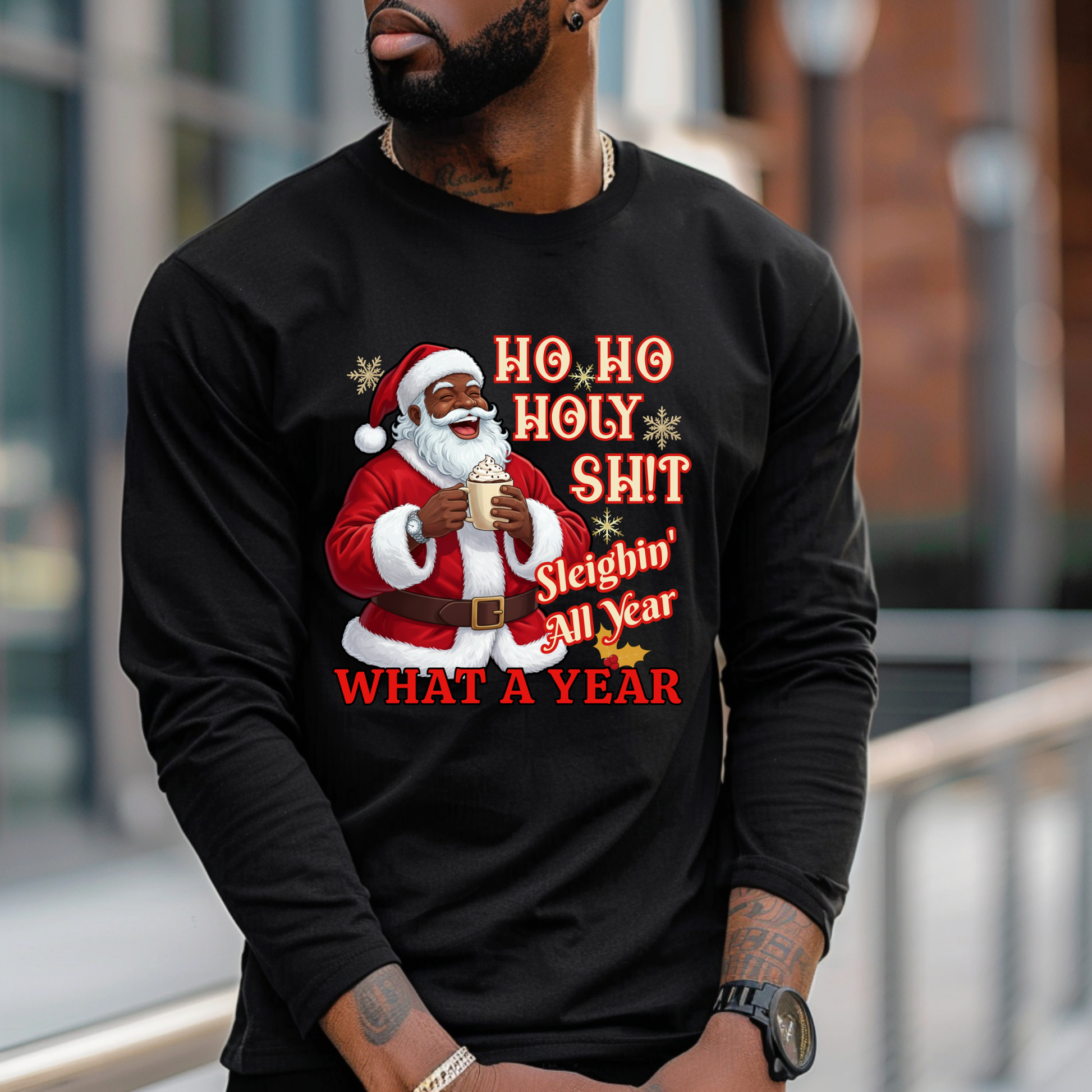 Person wearing a black long-sleeve shirt with a graphic of Santa Claus and humorous text.