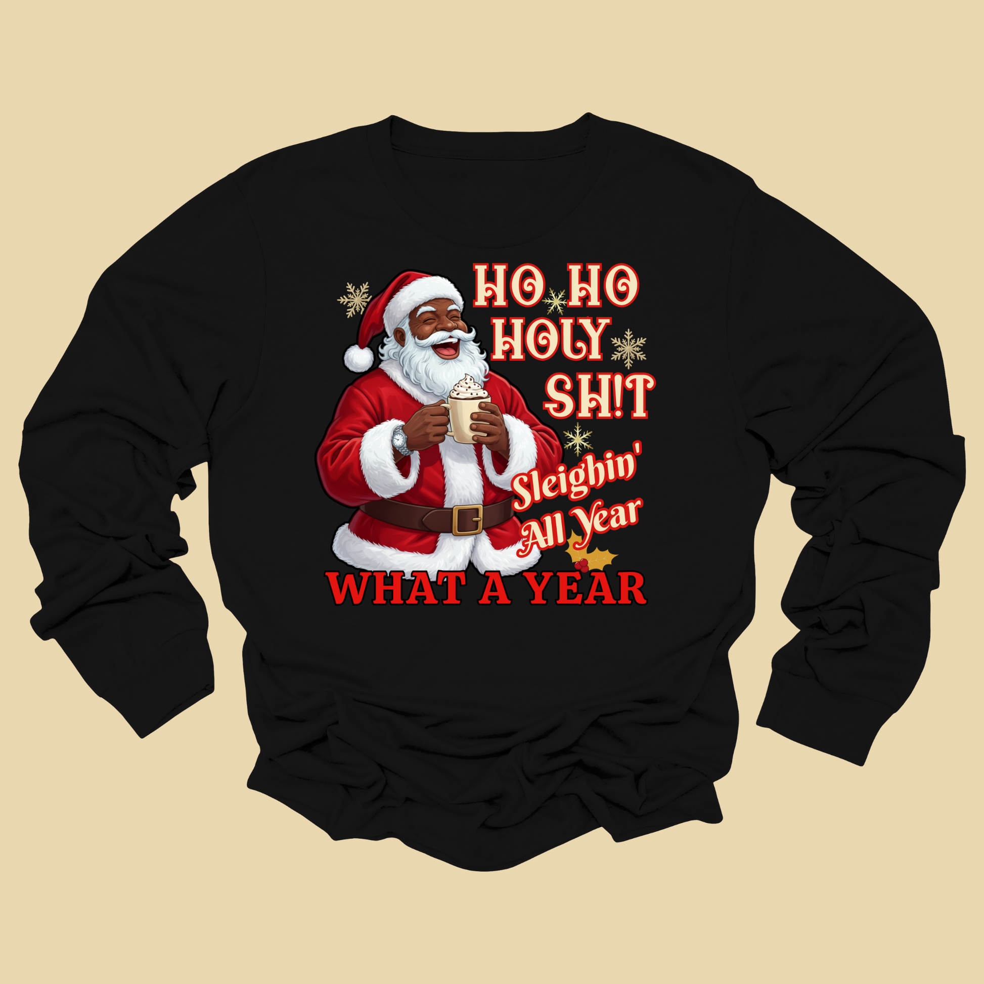 Black long-sleeve shirt with a graphic of Santa Claus and humorous text on a beige background