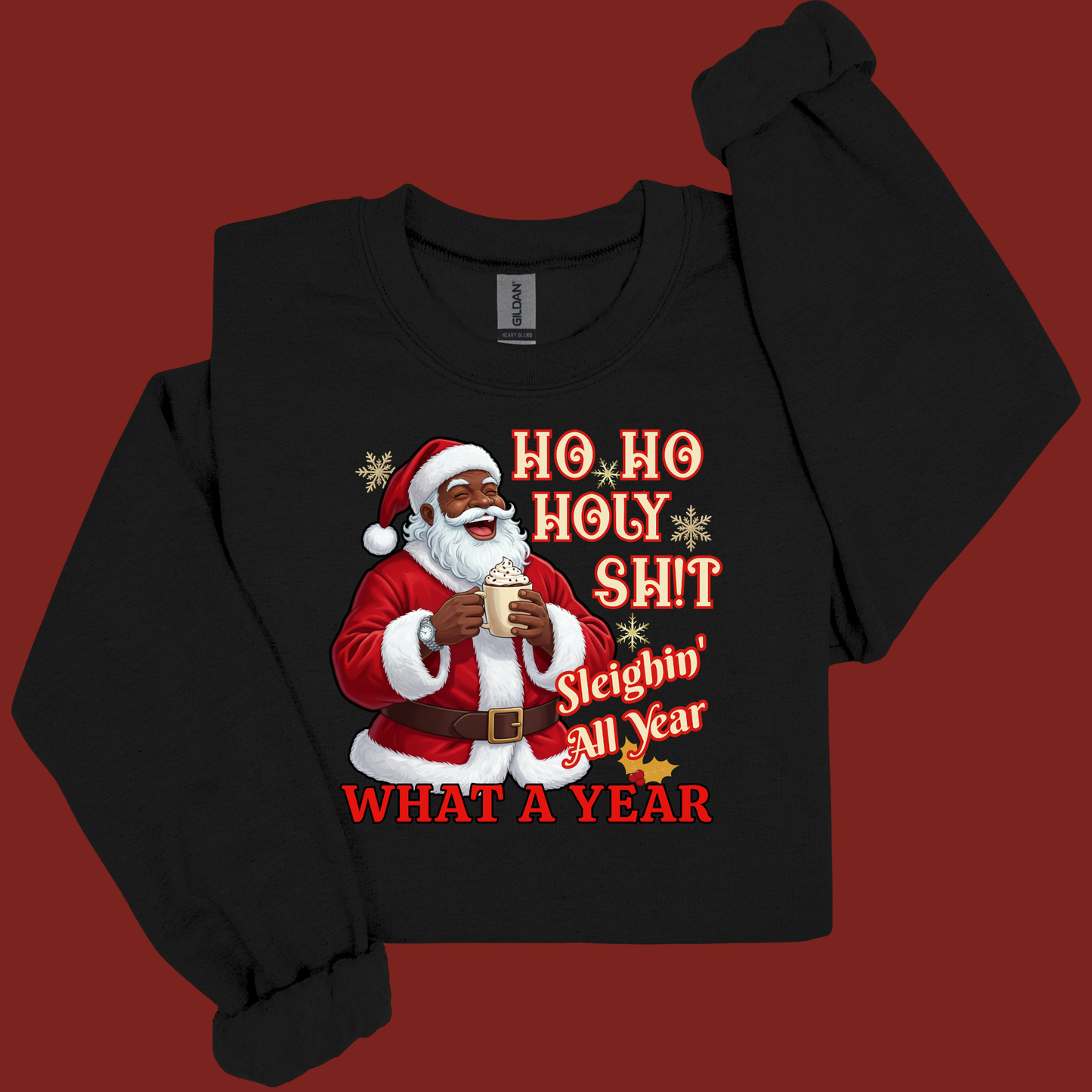 Black sweatshirt with a graphic of Santa Claus and humorous text on a red background