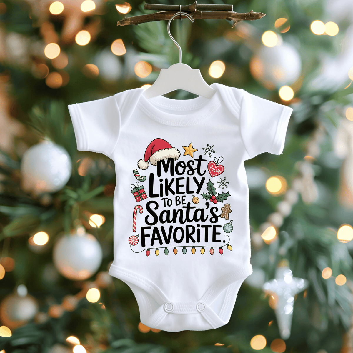 A white baby bodysuit hanging on a white hanger from a wooden branch, featuring a festive Christmas graphic with the text 'Most Likely to Be Santa's Favorite' and holiday illustrations. The background shows a blurred Christmas tree with warm lights and ornaments.