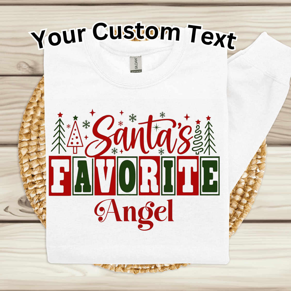 Custom "Santa's Favorite" Christmas Shirt  | Matching Family Holiday Tee Customizable white crewneck sweatshirts featuring a festive 'Santa's Favorite' Christmas graphic for Grandma, Daddy, and family holiday matching.