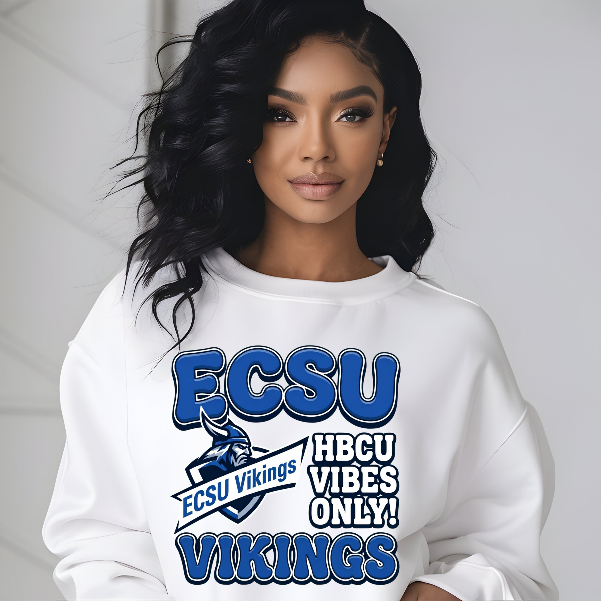 A woman wearing a white crewneck sweatshirt with a graphic print of a purple panther football player and the text 'PRAIRIE VIEW A&M PANTHERS I LOVE MY HBCU'.