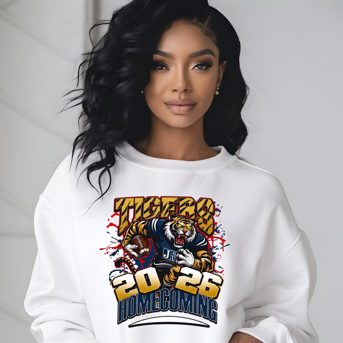 A woman wearing a white crewneck sweatshirt with a graphic print of a purple panther football player and the text 'PRAIRIE VIEW A&M PANTHERS I LOVE MY HBCU'.