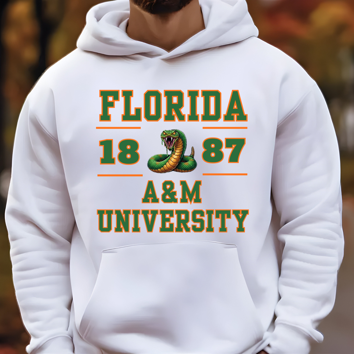 A person wearing a white pullover hoodie with a front graphic that reads 'FLORIDA 1887 A&M UNIVERSITY' in green and orange lettering with a snake illustration, shown against a blurred outdoor background.