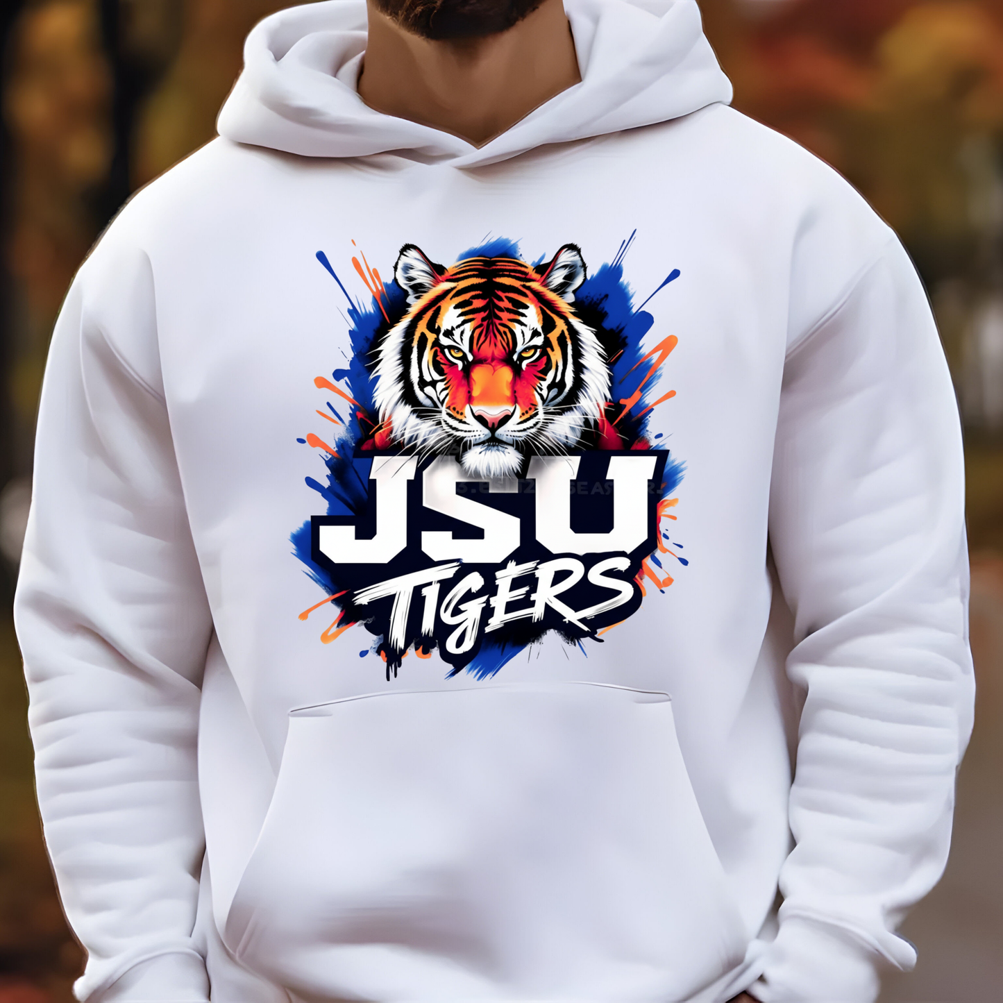 A white pullover hoodie worn by a person, featuring a large graphic print of a blue and white Viking football player with the text 'THEY NOT LIKE US VIKINGS' and 'ECSU' on the chest.