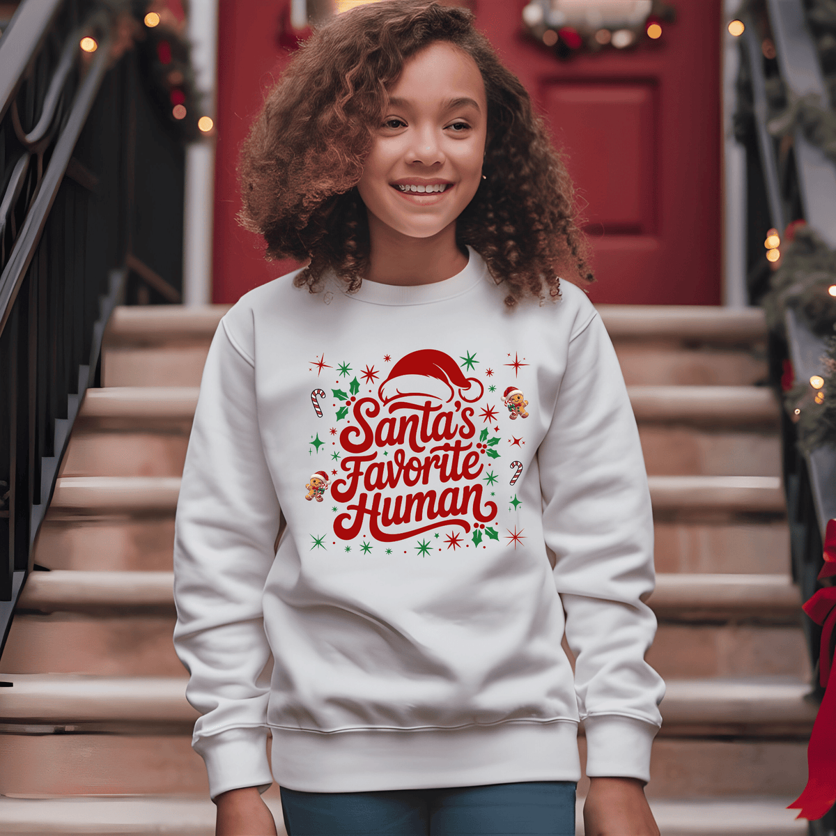 Folded sand crewneck sweatshirt with 'Santa's Favorite Human' red lettering, Santa hat, and gingerbread graphics on a neutral wooden background.