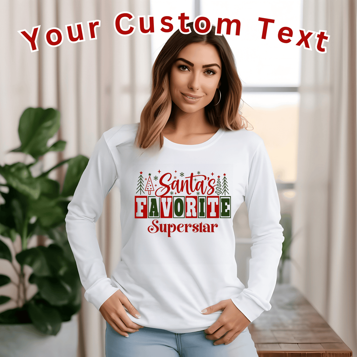 Custom "Santa's Favorite" Christmas Shirt  | Matching Family Holiday Tee Customizable white crewneck sweatshirts featuring a festive 'Santa's Favorite' Christmas graphic for Grandma, Daddy, and family holiday matching.