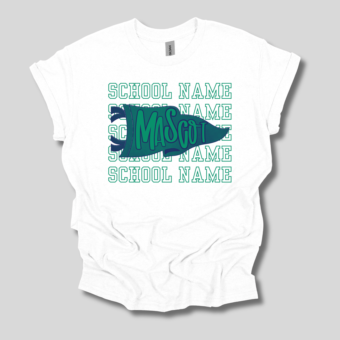 A white short-sleeve t-shirt with a custom school name graphic featuring a teal and dark blue alligator silhouette and repeating 'SCHOOL NAME' text, displayed on a neutral gray background.