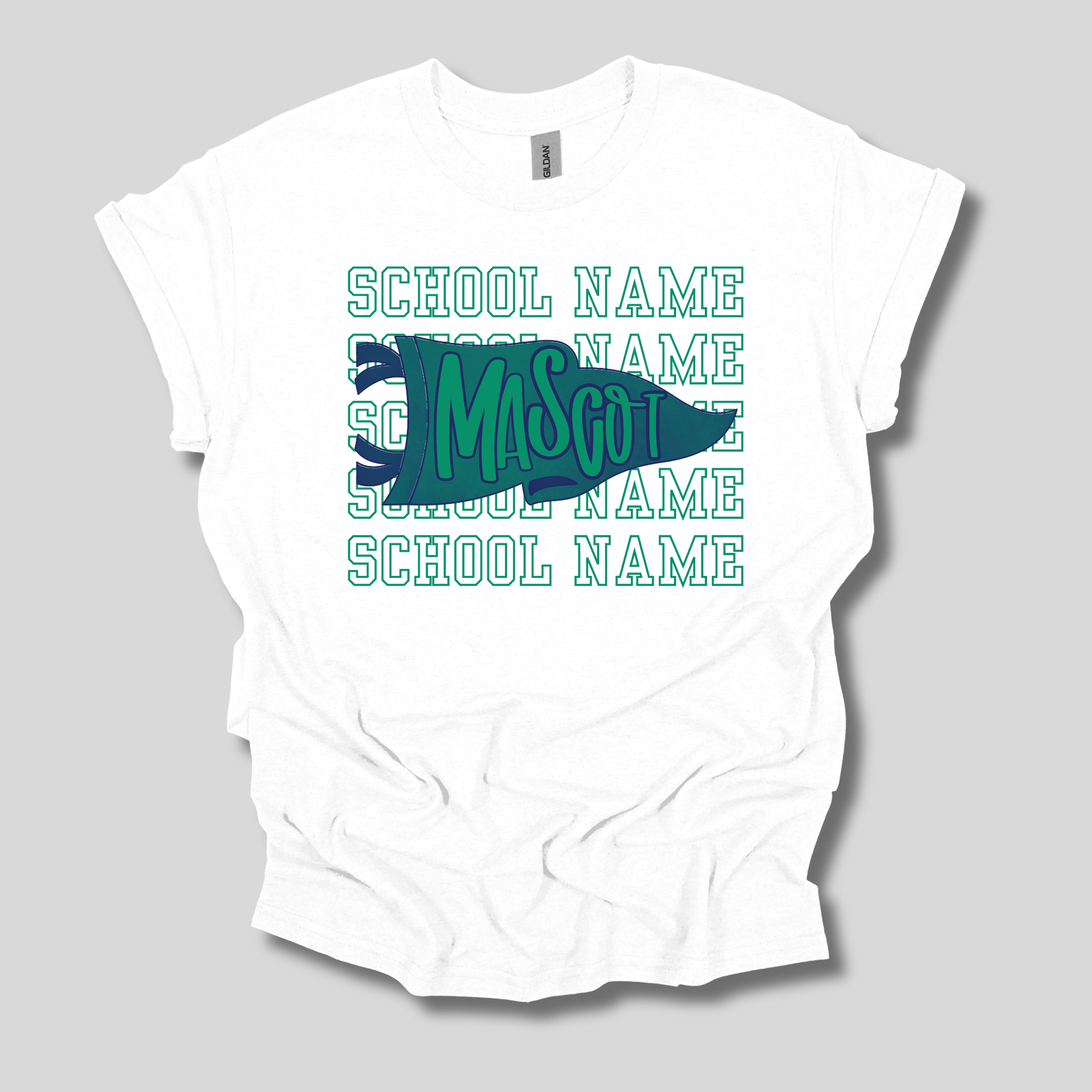 A white short-sleeve t-shirt with a custom school name graphic featuring a teal and dark blue alligator silhouette and repeating 'SCHOOL NAME' text, displayed on a neutral gray background.