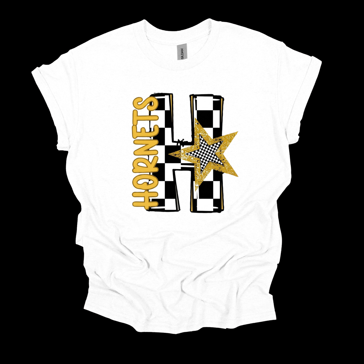 A white short-sleeve t-shirt with a graphic design featuring the word 'HORNETS' in gold, a black and white checkered 'H' with a gold star, and a small neck label that reads 'Gildan'.