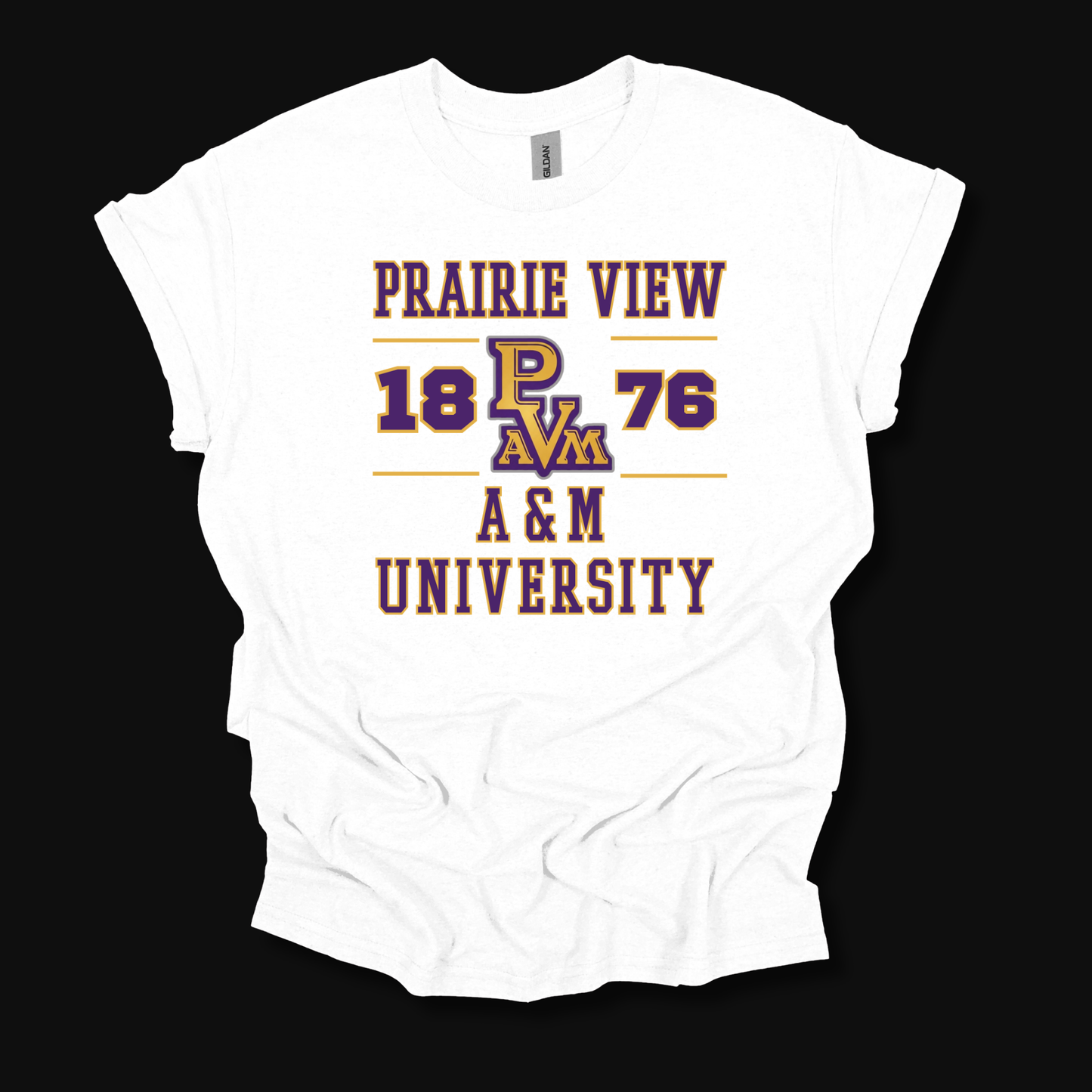 A white short-sleeve t-shirt with a vintage-style graphic print reading 'PRAIRIE VIEW 1876 A&M UNIVERSITY' in purple and gold, laid flat against a solid black background.