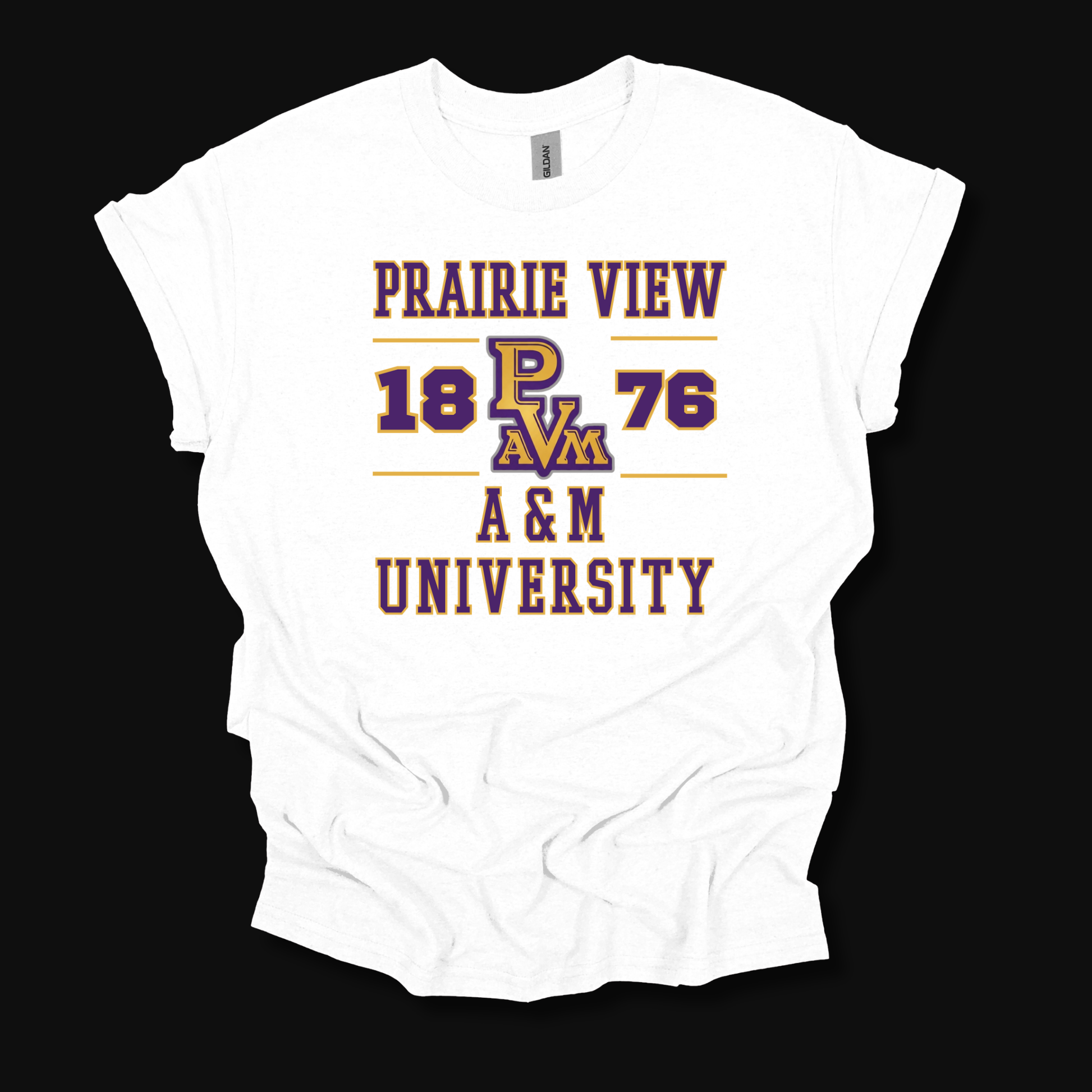 A white short-sleeve t-shirt with a vintage-style graphic print reading 'PRAIRIE VIEW 1876 A&M UNIVERSITY' in purple and gold, laid flat against a solid black background.