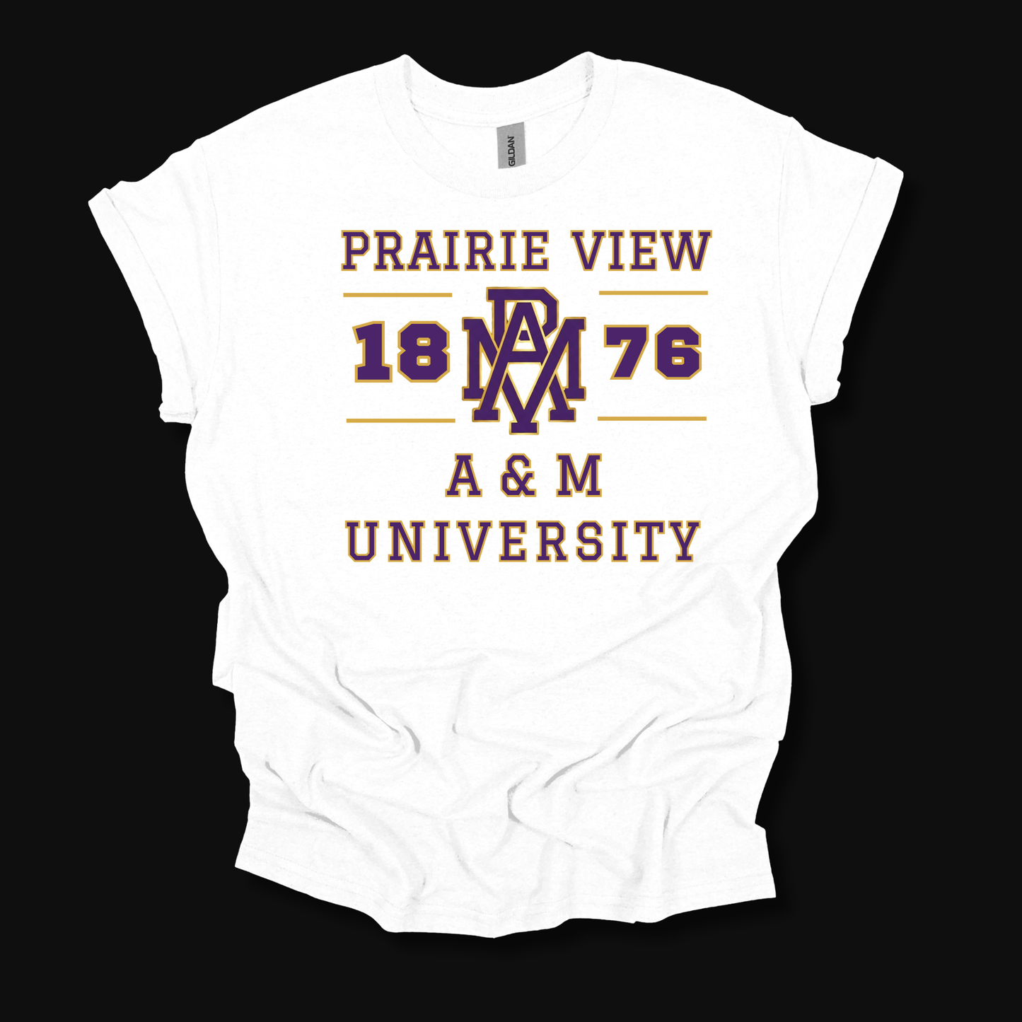A white short-sleeve t-shirt with a vintage-style graphic print reading 'PRAIRIE VIEW 1876 A & M UNIVERSITY' in maroon and purple, displayed against a solid black background.