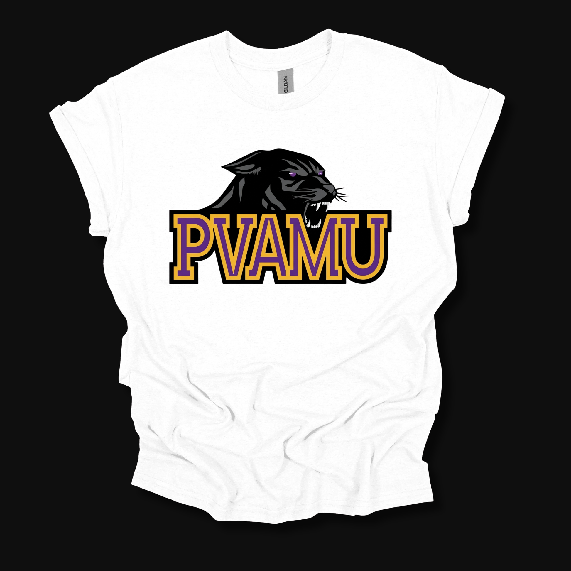 A white short-sleeve t-shirt with a graphic of a black panther head above the text 'PVAMU' in yellow and purple outlined block letters, displayed against a solid black background.