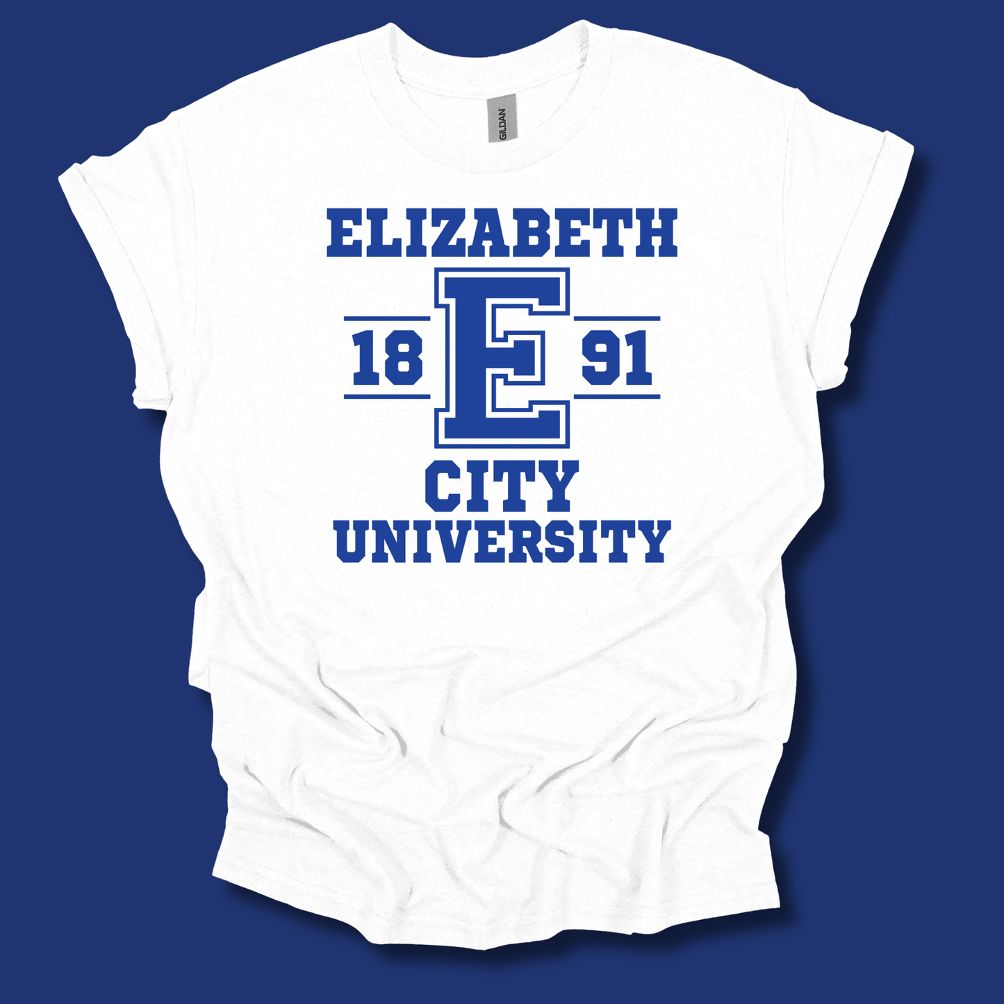 A white short-sleeve t-shirt with a blue graphic print reading 'ELIZABETH 18 E 91 CITY UNIVERSITY' on a solid dark blue background.