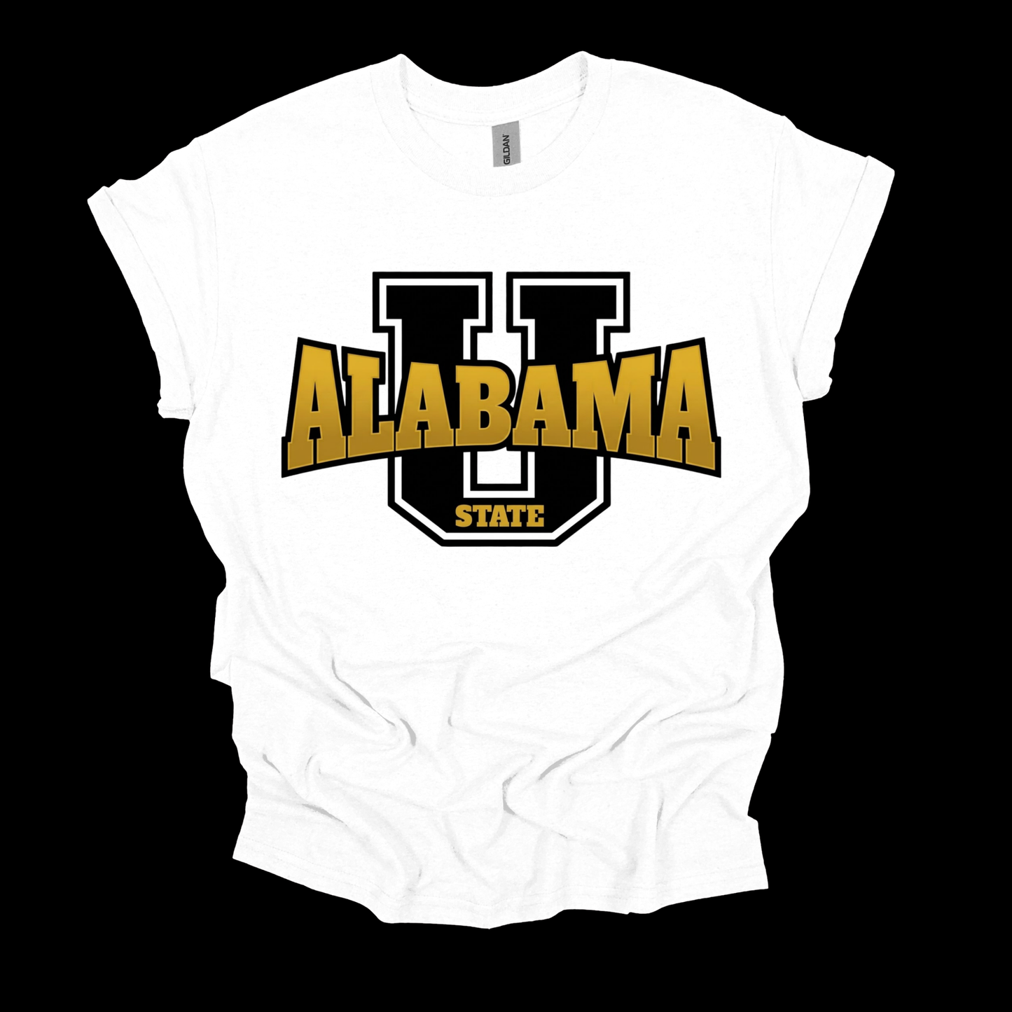 A white short-sleeve t-shirt with a graphic on the front featuring a large black and white 'U' outline, the word 'ALABAMA' in bold gold letters, and 'STATE' in gold below it, displayed against a solid black background.