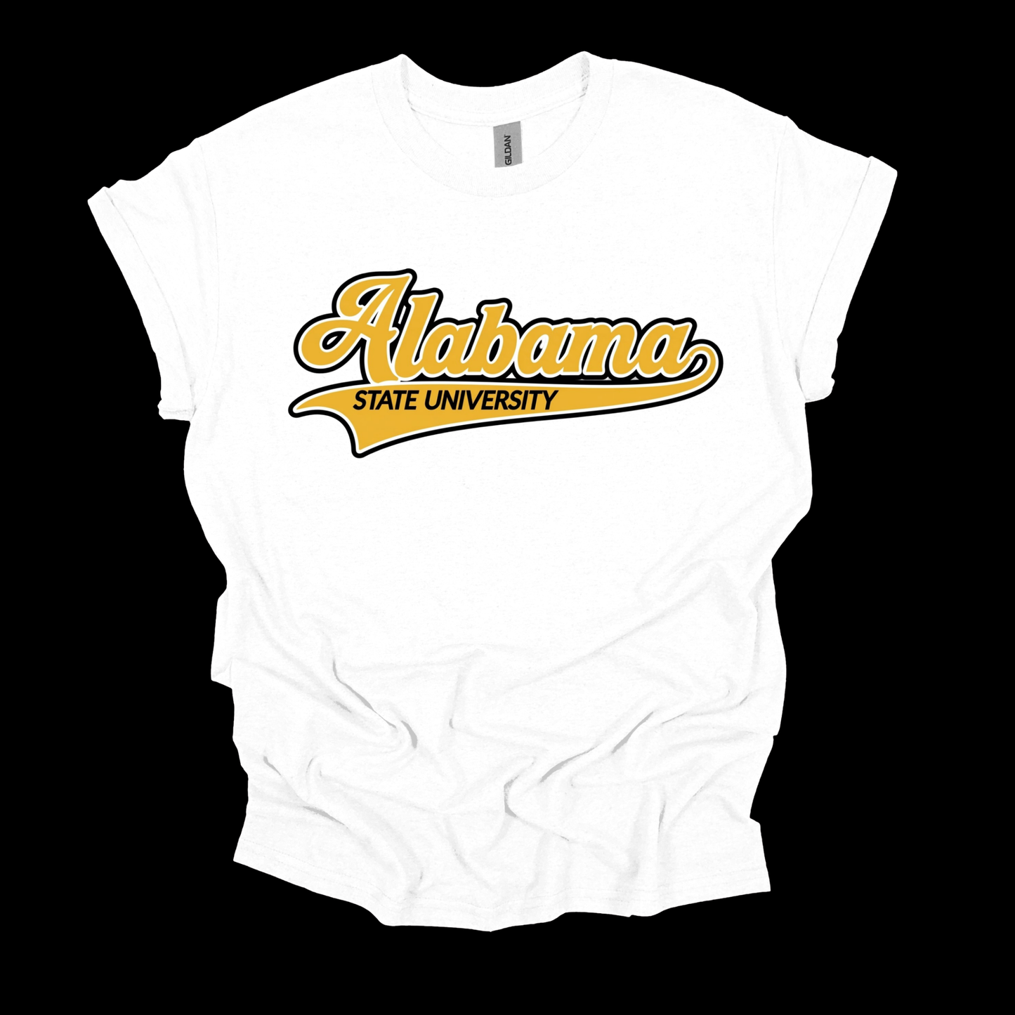 A white short-sleeve t-shirt with a yellow and black 'Alabama State University' graphic on the front, displayed against a solid black background.