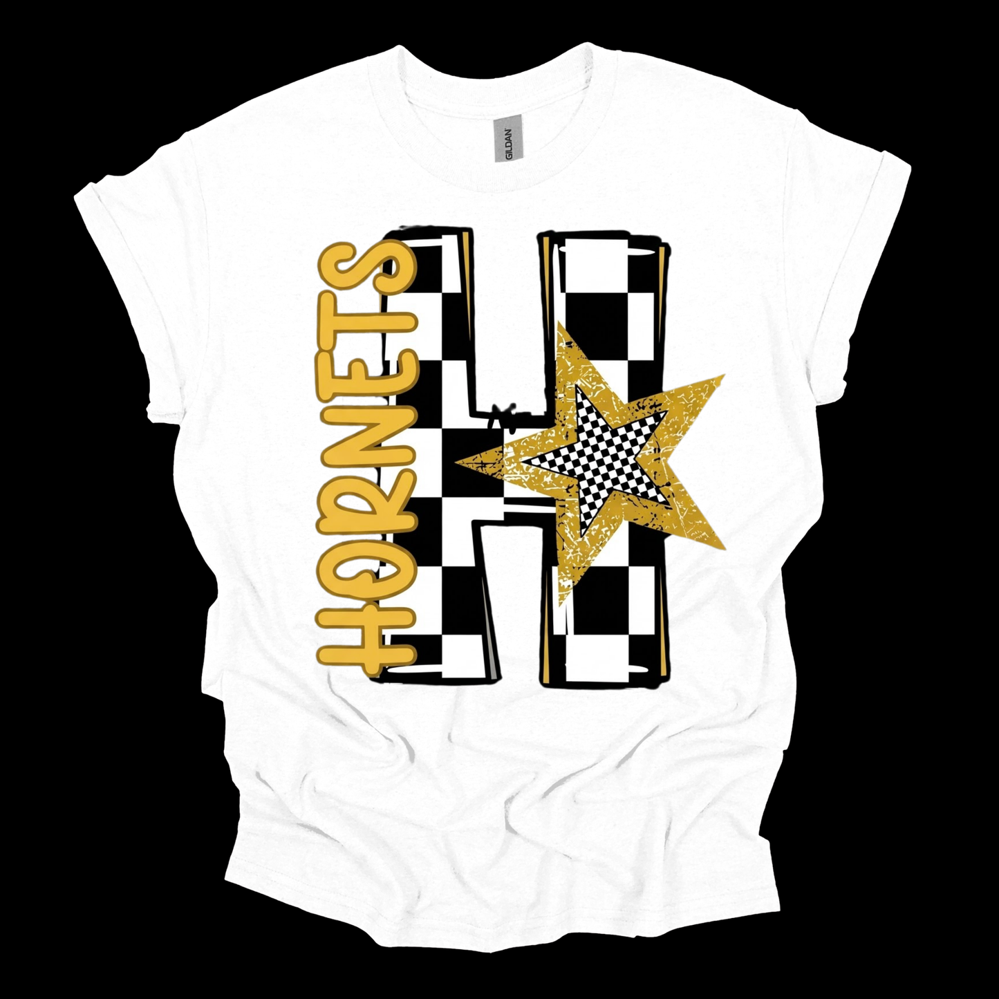 A white short-sleeve t-shirt with a graphic design featuring the word 'HORNETS' in gold lettering next to a large black and white checkered 'H' and a gold glitter star, displayed on a solid black background.
