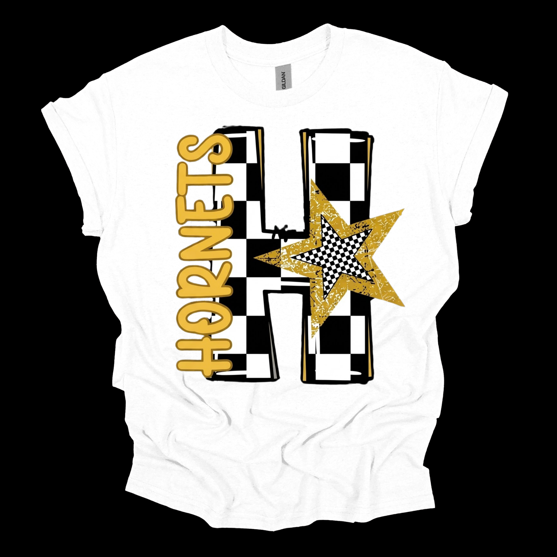 A white short-sleeve t-shirt with a graphic design featuring the word 'HORNETS' in gold lettering next to a large black and white checkered 'H' and a gold glitter star, displayed on a solid black background.
