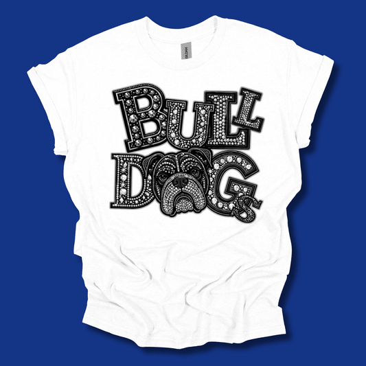 A white short-sleeve t-shirt with a black graphic reading 'BULLDOG' in a decorative dotted font, featuring a bulldog face integrated into the design, shown against a solid blue background.