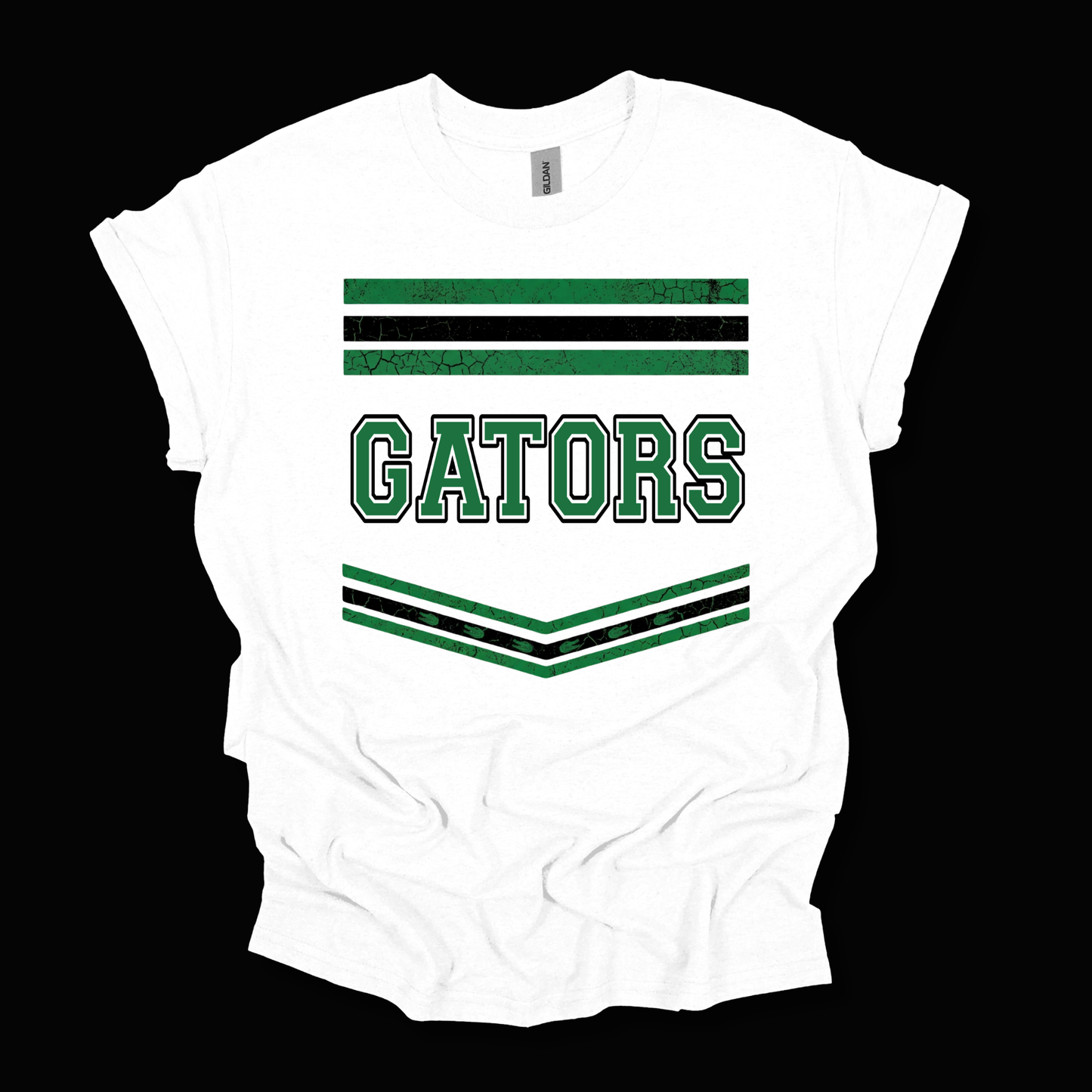 A white short-sleeve t-shirt with a green and black collegiate-style graphic featuring the word 'GATORS' and striped accents, shown against a solid black background.
