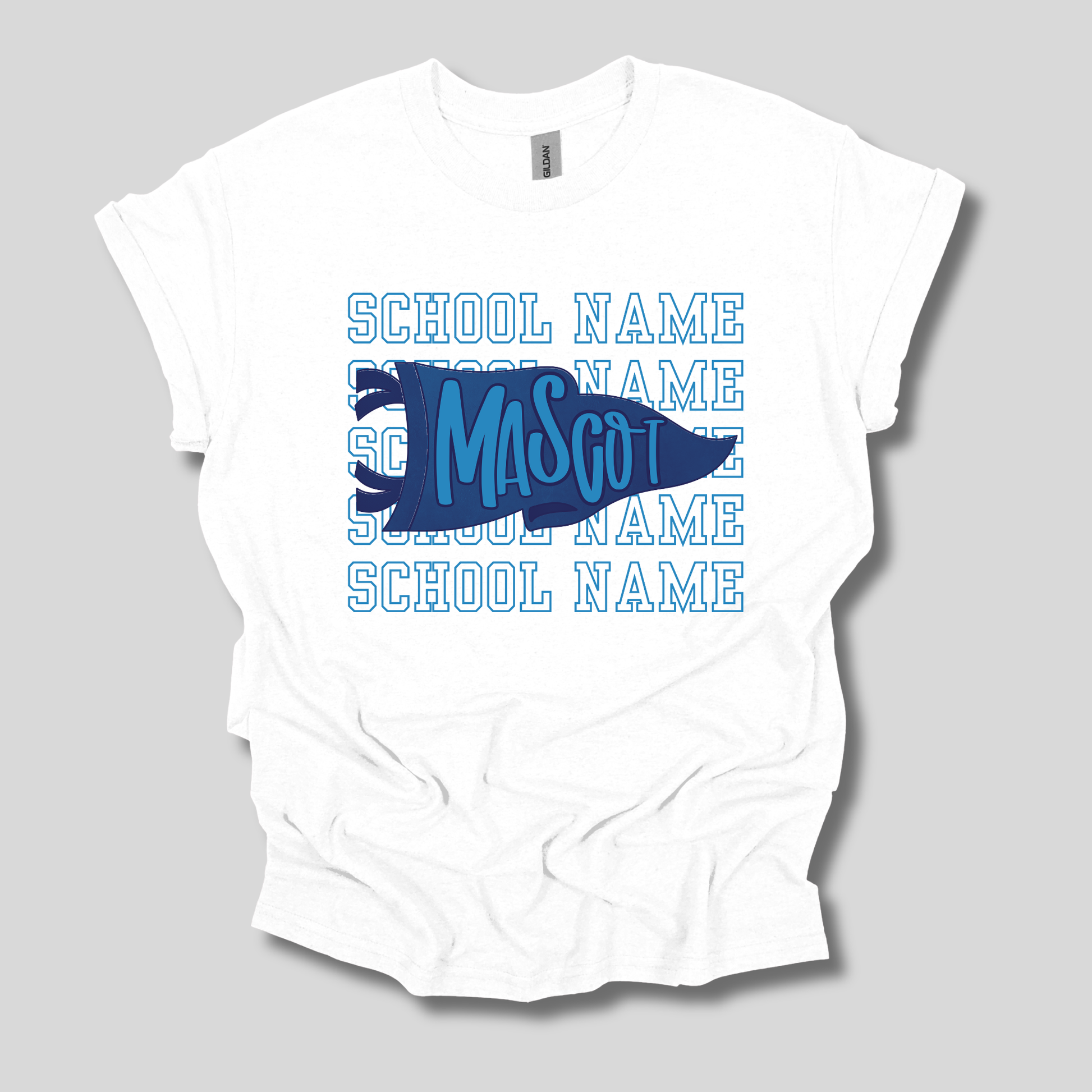 A white short-sleeve t-shirt with a custom school and mascot design. The graphic features a dark blue and light blue flag design in the center with the word 'Mascot' written in white, surrounded by repeated light blue 'SCHOOL NAME' text outlines on a light gray background.