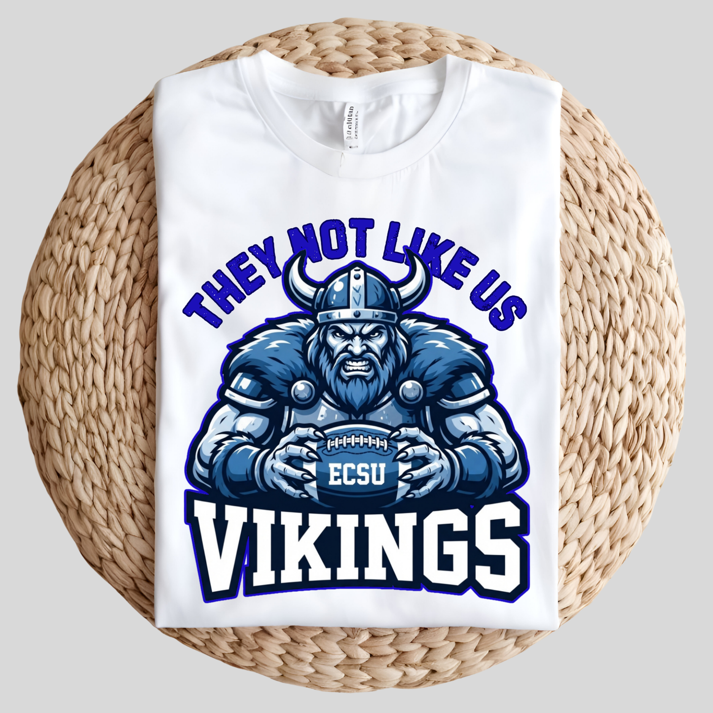 A white short-sleeve t-shirt with a blue and white graphic of a Viking football player and the text 'THEY NOT LIKE US VIKINGS' and 'ECSU', displayed on a round woven straw mat against a light gray background.