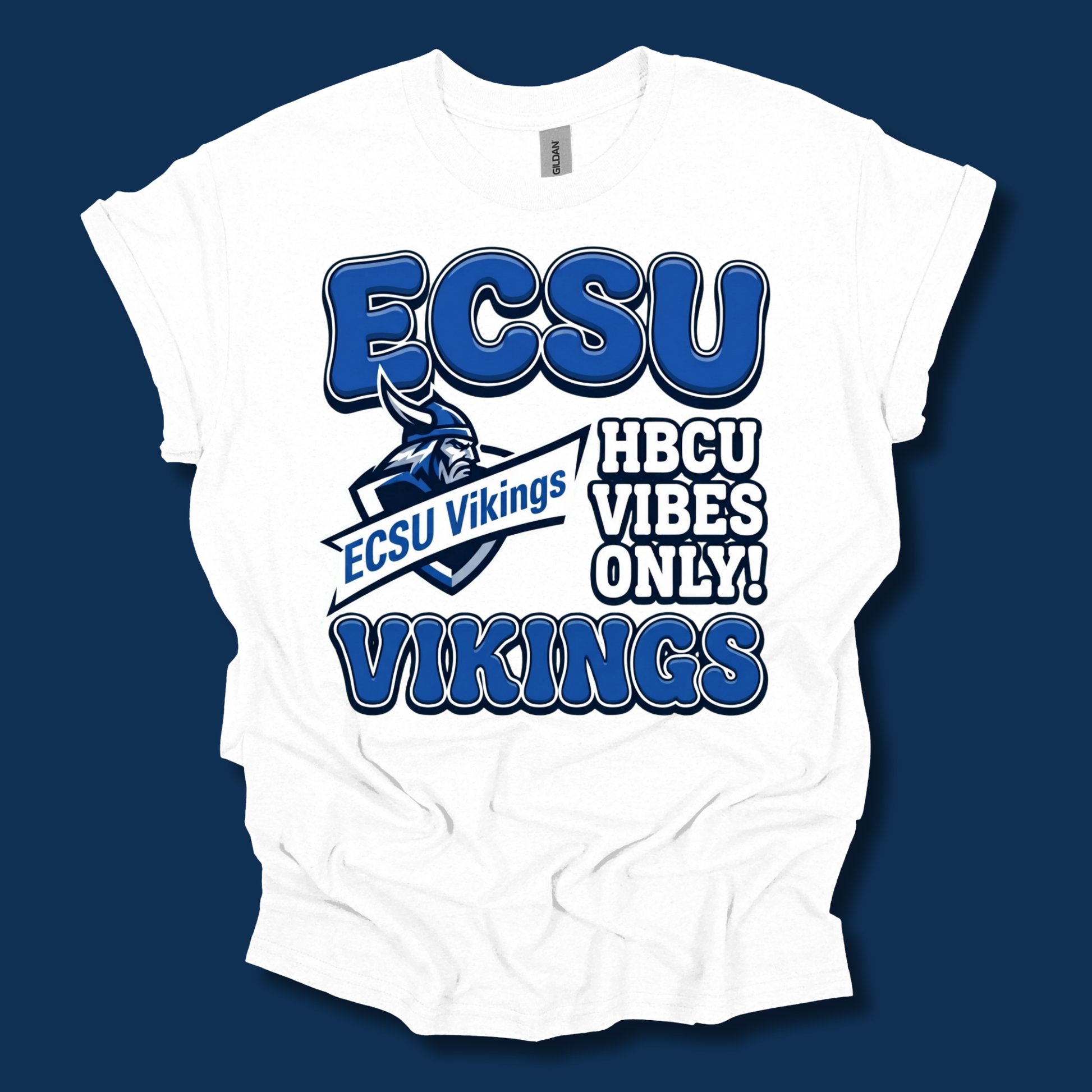 A white short-sleeve t-shirt with a blue and white graphic print that reads 'ECSU' and 'VIKINGS' with 'HBCU VIBES ONLY!' and a Viking mascot logo, displayed against a dark blue background.