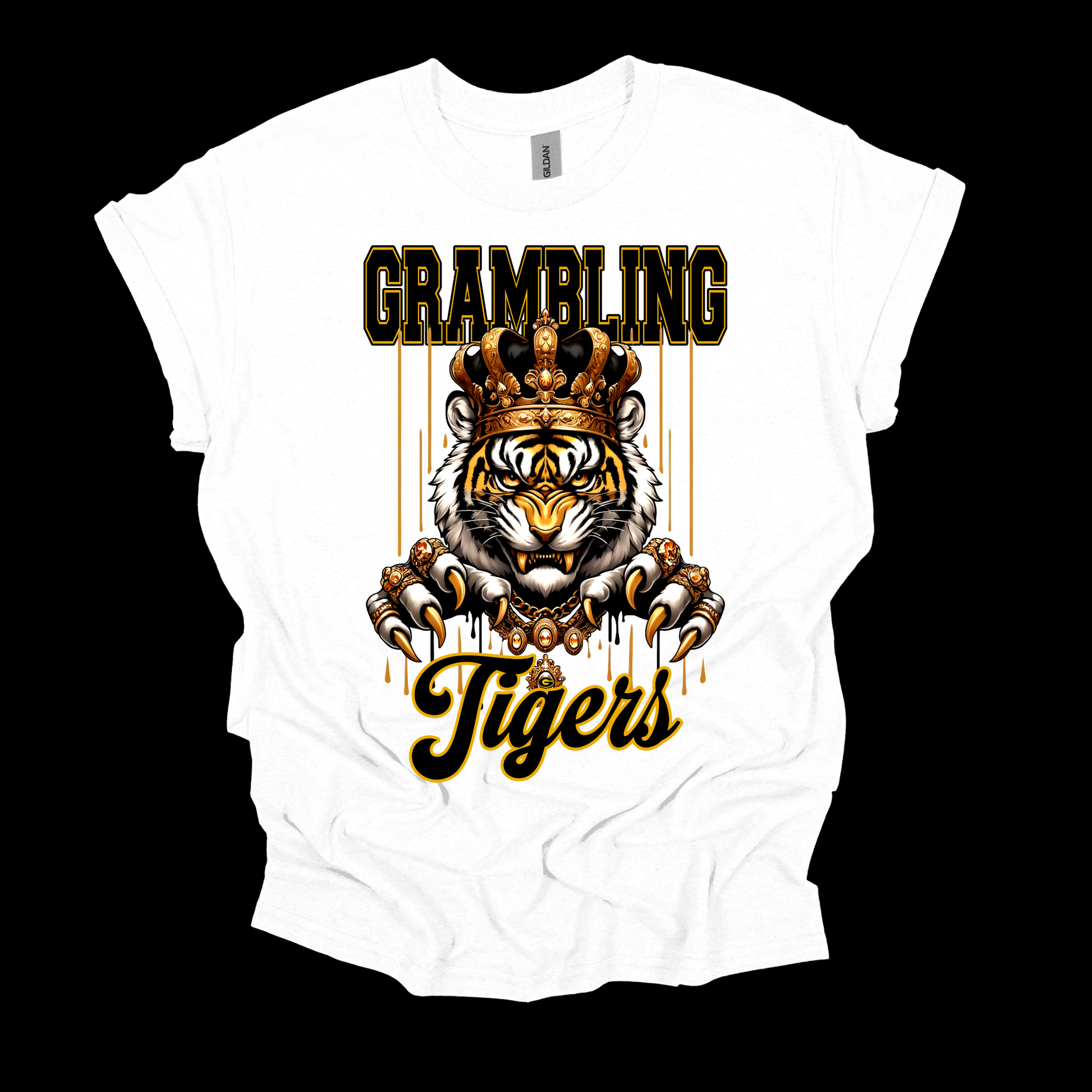 A white short-sleeve t-shirt with a graphic print of a tiger wearing a crown and the words 'GRAMBLING Tigers' in black and gold, displayed against a solid black background.