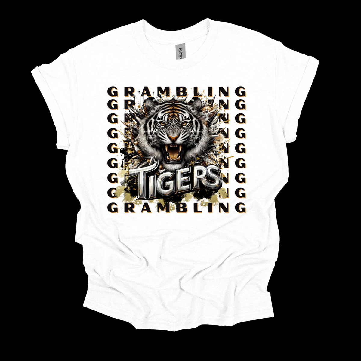 A white short-sleeve t-shirt with a graphic print of a tiger's face surrounded by the word 'GRAMBLING' repeated in a pattern, with 'TIGERS' written across the bottom of the graphic. The t-shirt is displayed flat against a solid black background.