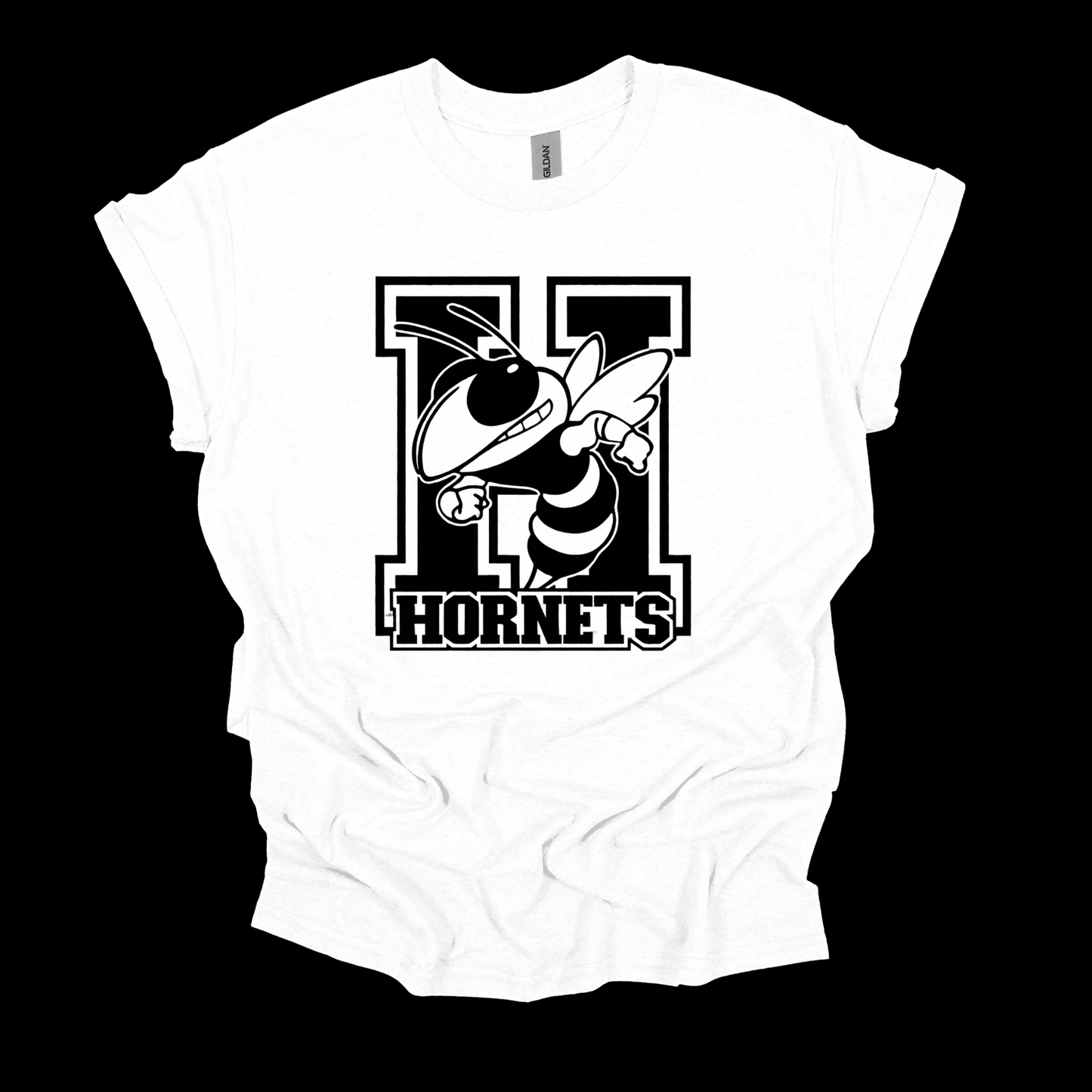 A white short-sleeve crewneck t-shirt with a black graphic of a hornet mascot inside a large letter H and the word 'HORNETS' printed on the front, shown against a solid black background.