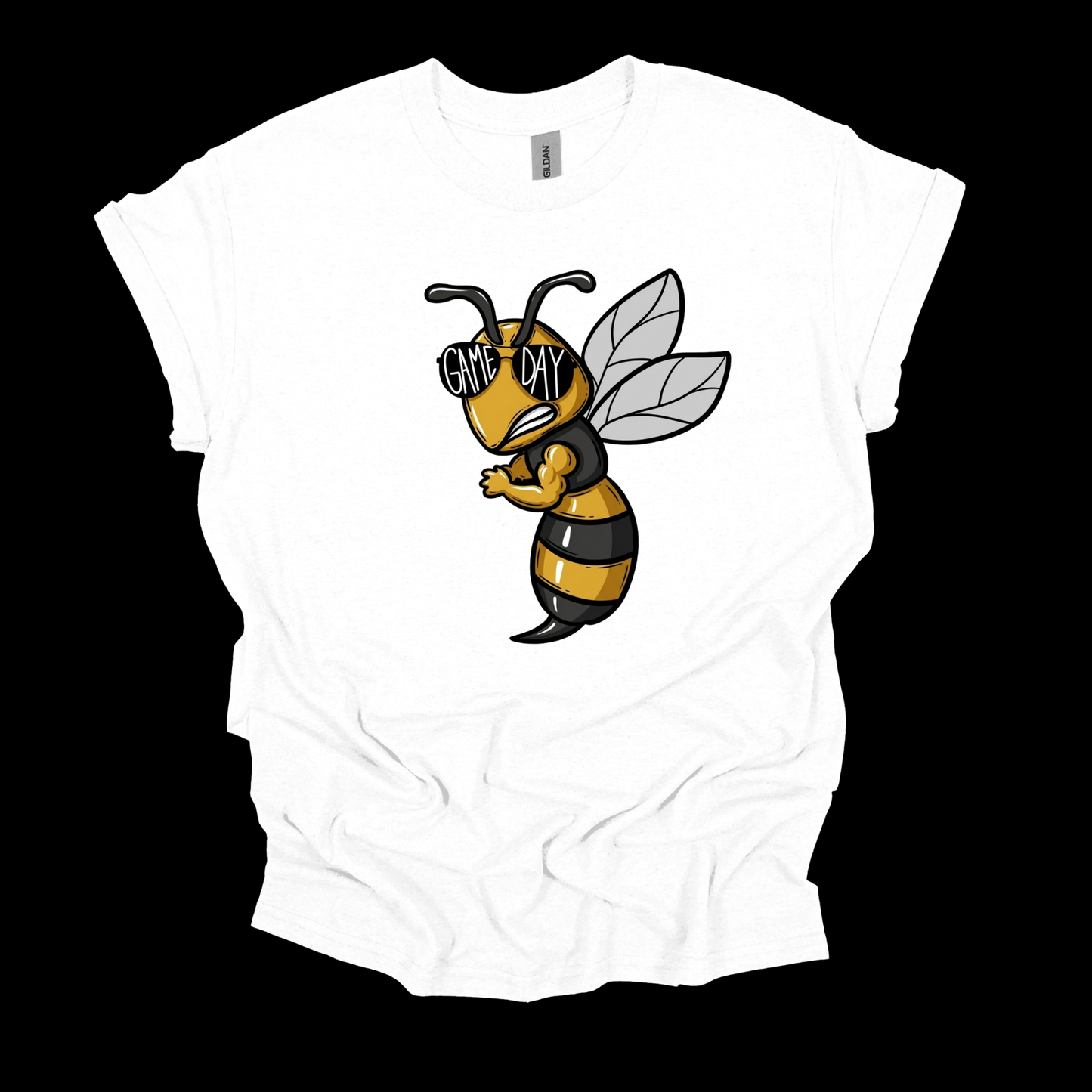 A white short-sleeve t-shirt with a cartoon bee graphic on the front. The bee is yellow and black with gray wings and black sunglasses that read 'GAME DAY'.
