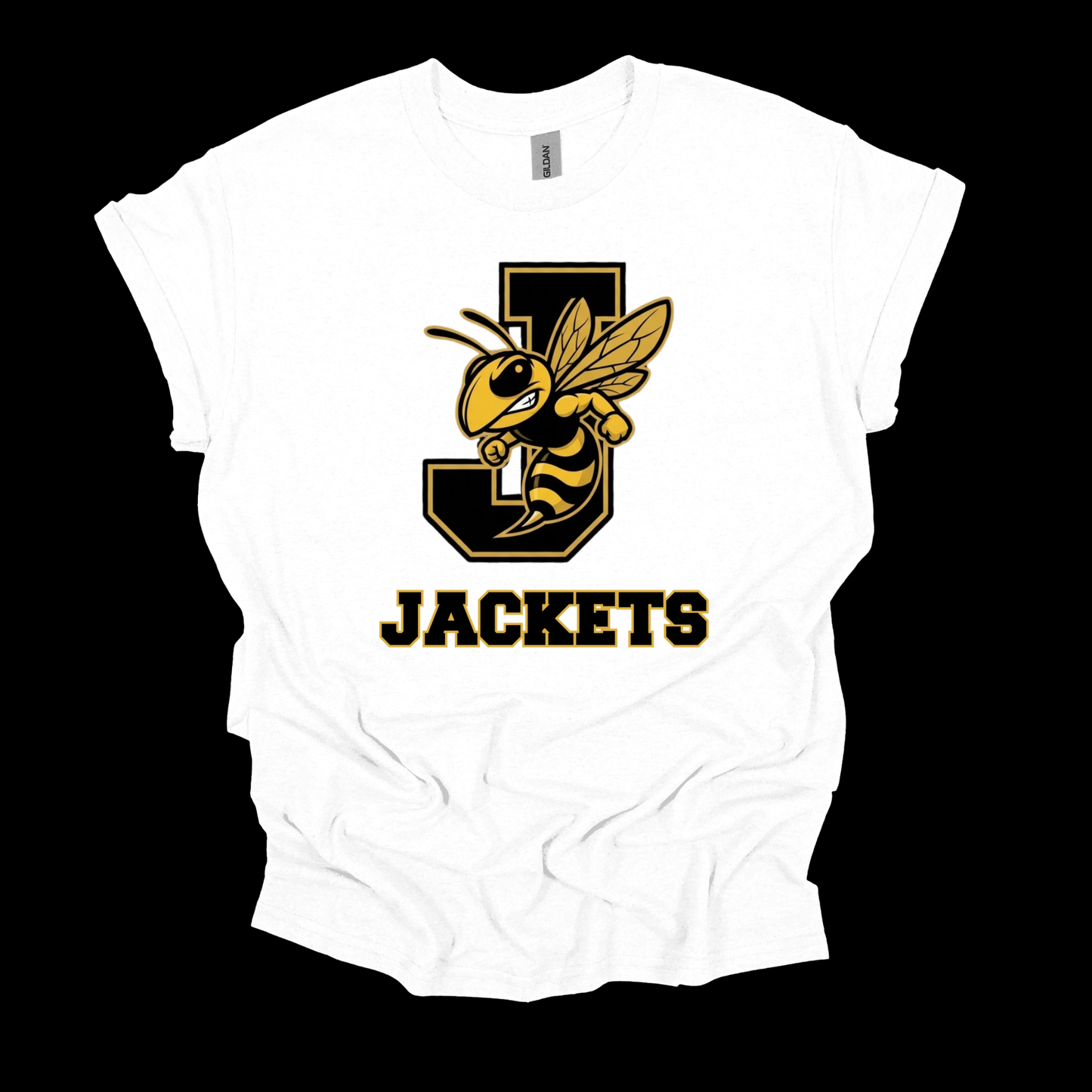 A white short-sleeve t-shirt with a graphic of a yellow and black bee mascot on a large letter 'J' and the word 'JACKETS' printed below, displayed against a solid black background.