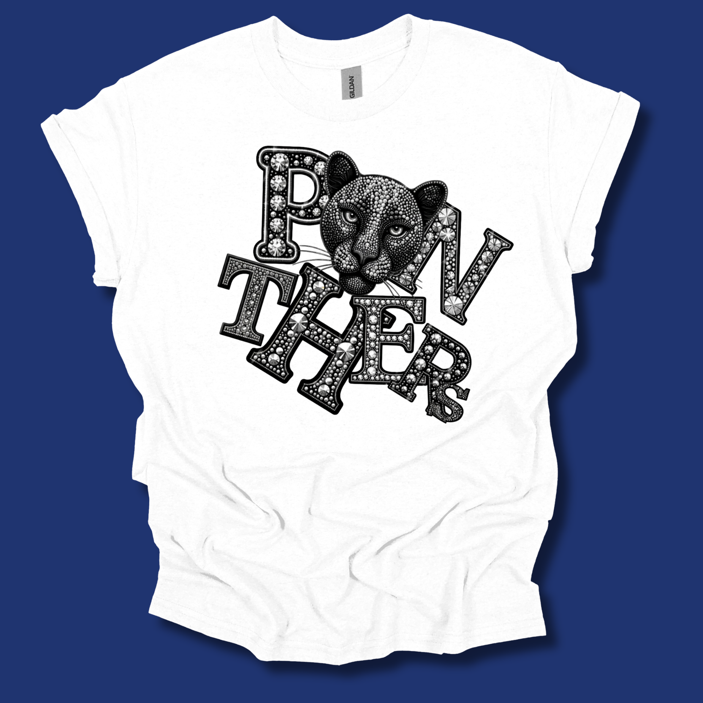 Panthers Spirit Shirt - Sparkly Bling Panther Faux Rhinestone Mascot T-shirt