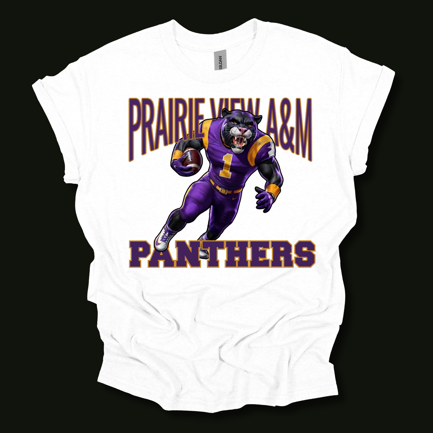 A white short-sleeve t-shirt with a graphic print of a purple and gold football player and the text 'PRAIRIE VIEW A&M PANTHERS' on a black background.