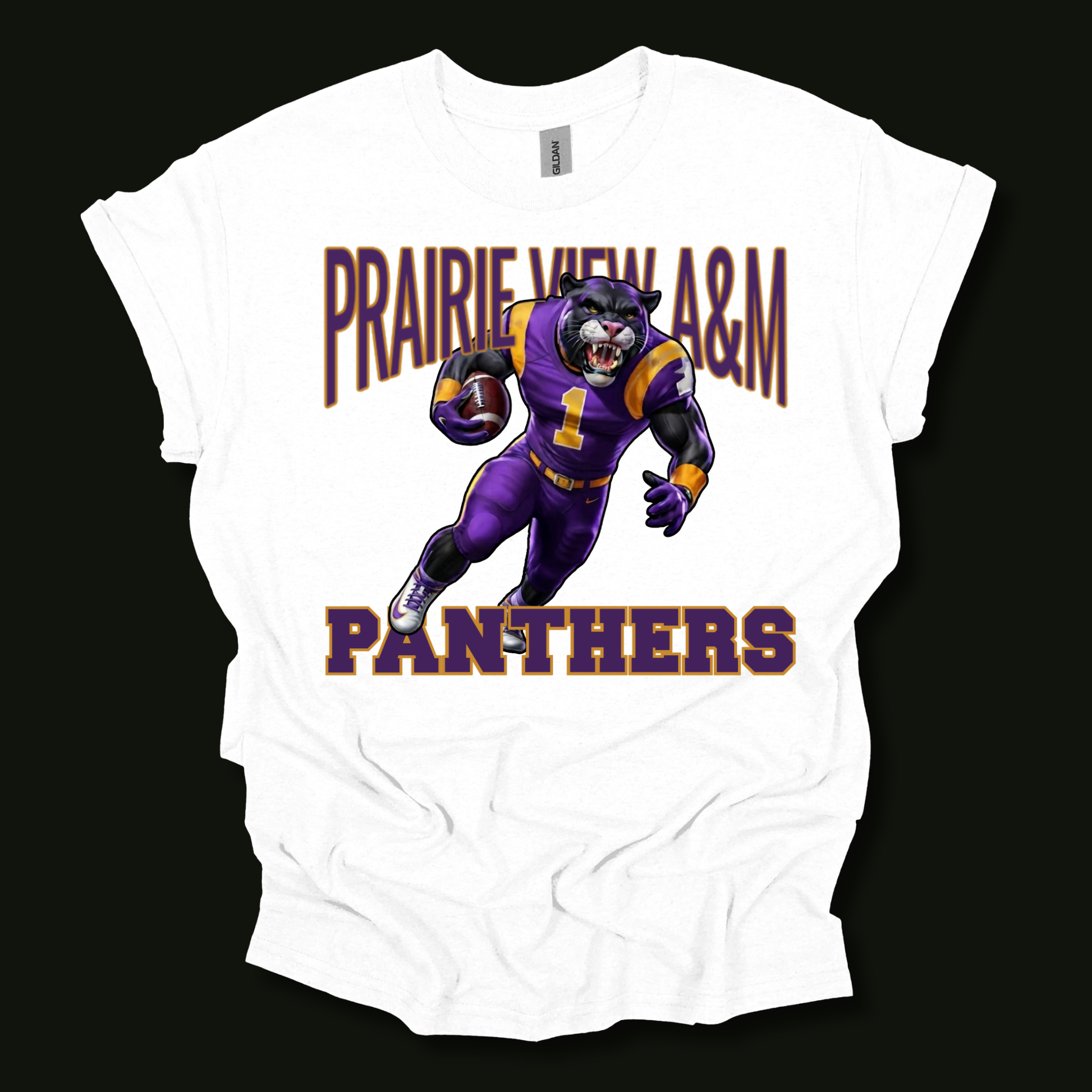 A white short-sleeve t-shirt with a graphic print of a purple and gold football player and the text 'PRAIRIE VIEW A&M PANTHERS' on a black background.