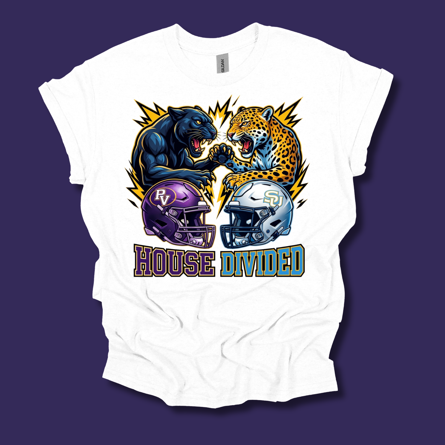 A white short-sleeve graphic T-shirt laid flat against a dark purple background. The shirt features a large front print with a black panther, a yellow leopard, two football helmets (one purple with 'R' and one silver with 'SD'), and the words 'HOUSE DIVIDED' in blue and gold.