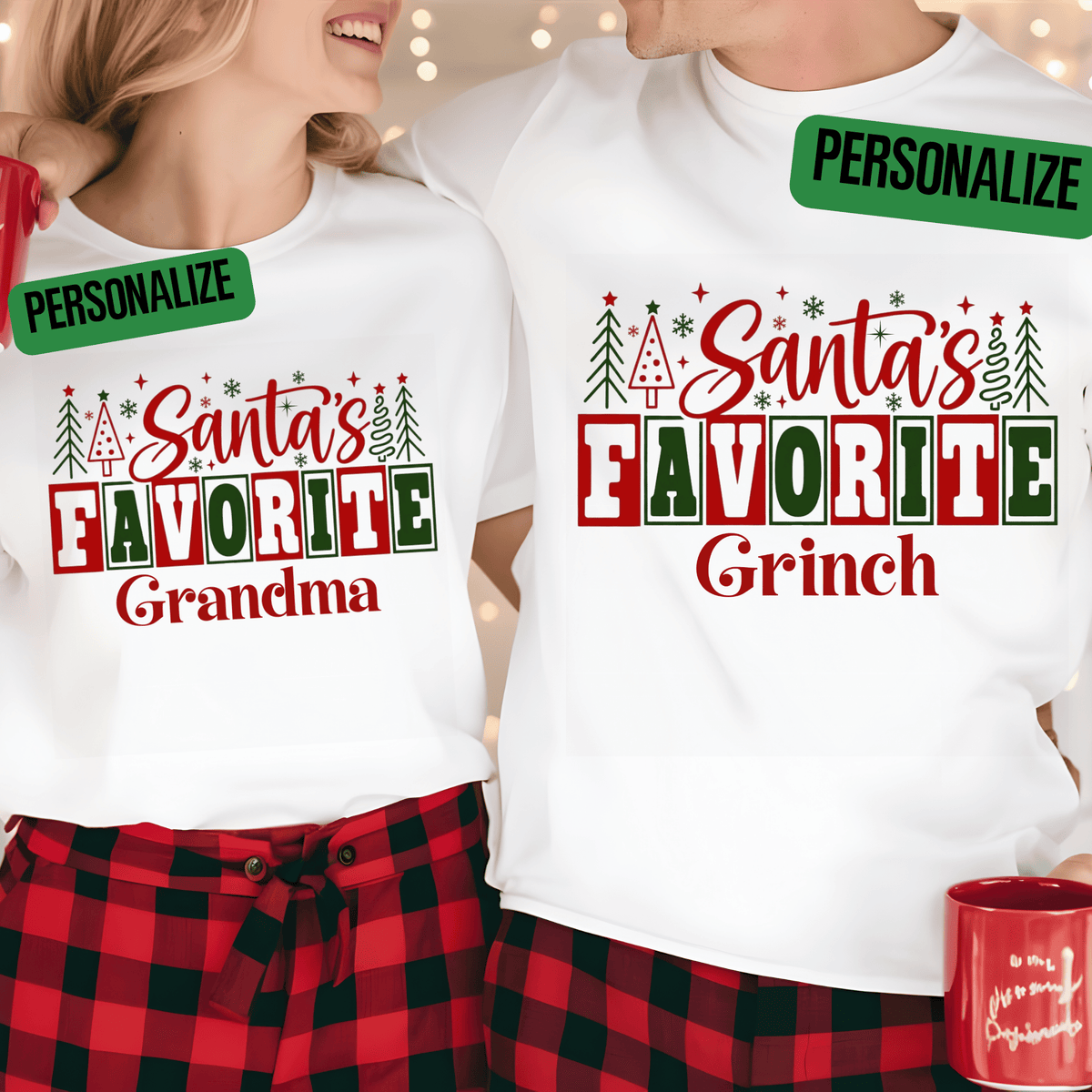 Custom "Santa's Favorite" Christmas Shirt  | Matching Family Holiday Tee Customizable white crewneck sweatshirts featuring a festive 'Santa's Favorite' Christmas graphic for Grandma, Daddy, and family holiday matching.