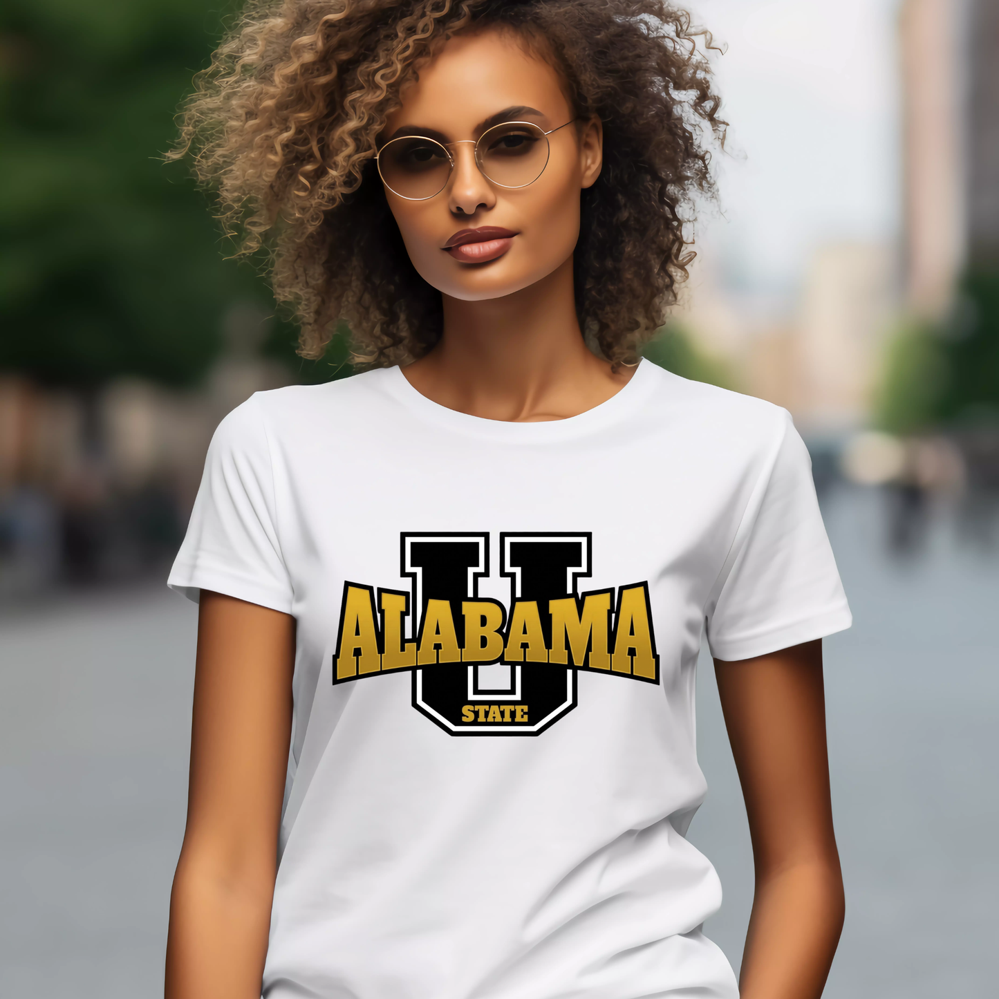 A woman wearing a white short-sleeve T-shirt with a large black and gold 'Alabama State' graphic on the front, photographed outdoors against a blurred city street background.