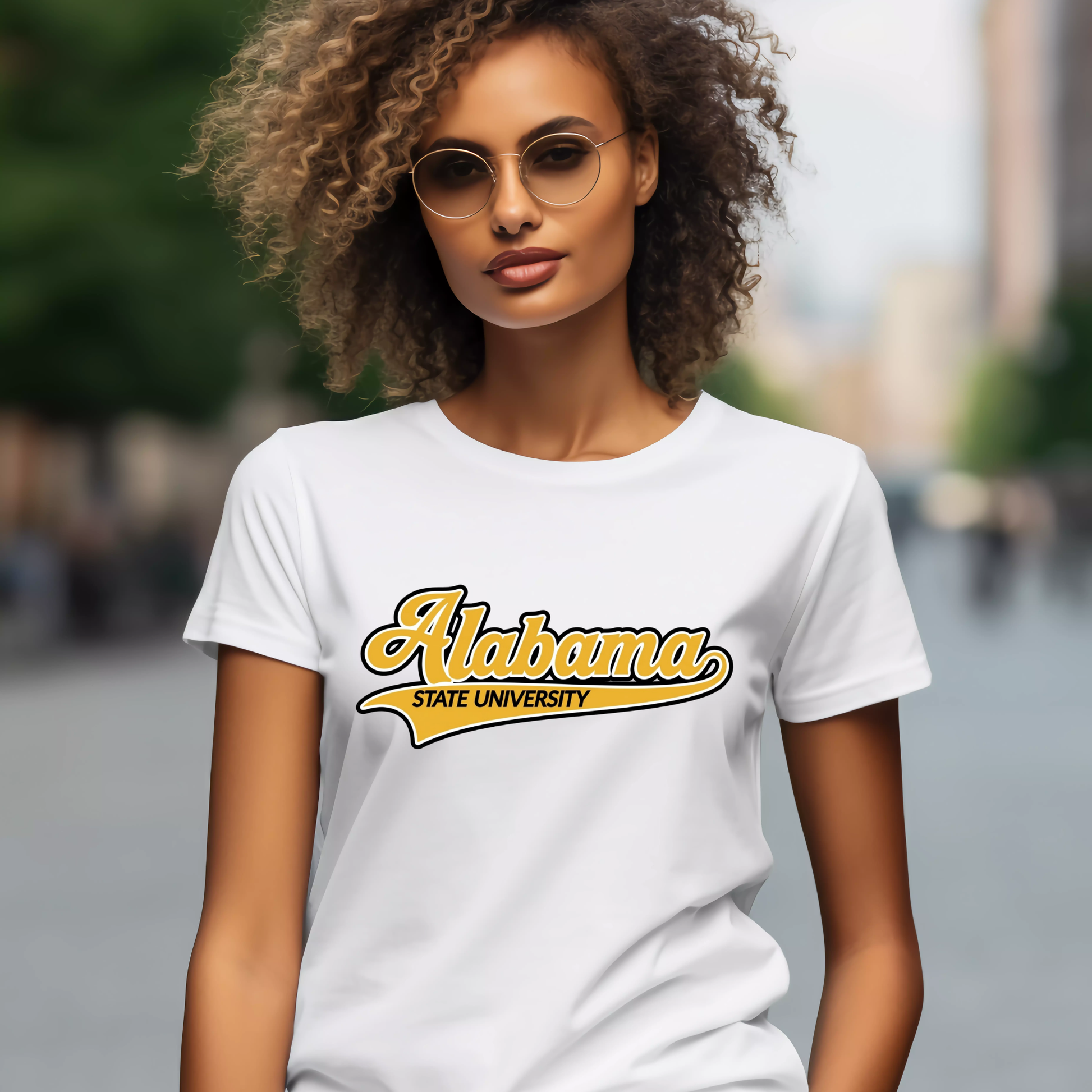 A woman wearing a white crewneck t-shirt with a yellow and gold 'Alabama State University' graphic on the chest, set against a blurred outdoor background.