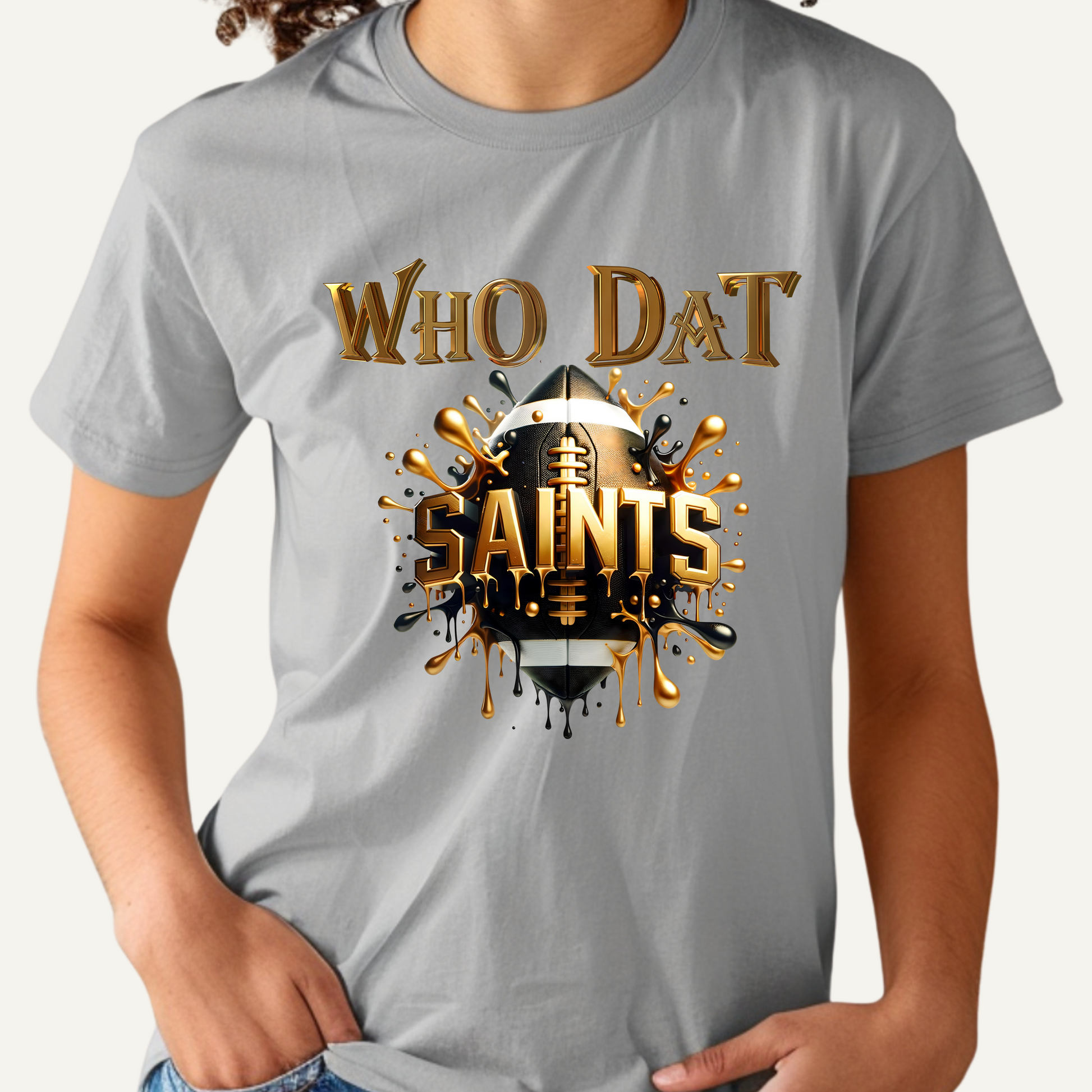 Gray t-shirt with 'WHO DAT SAINTS' graphic design on a white background Saints Football Shirt - Who Dat Saints Football Game Day T-Shirt