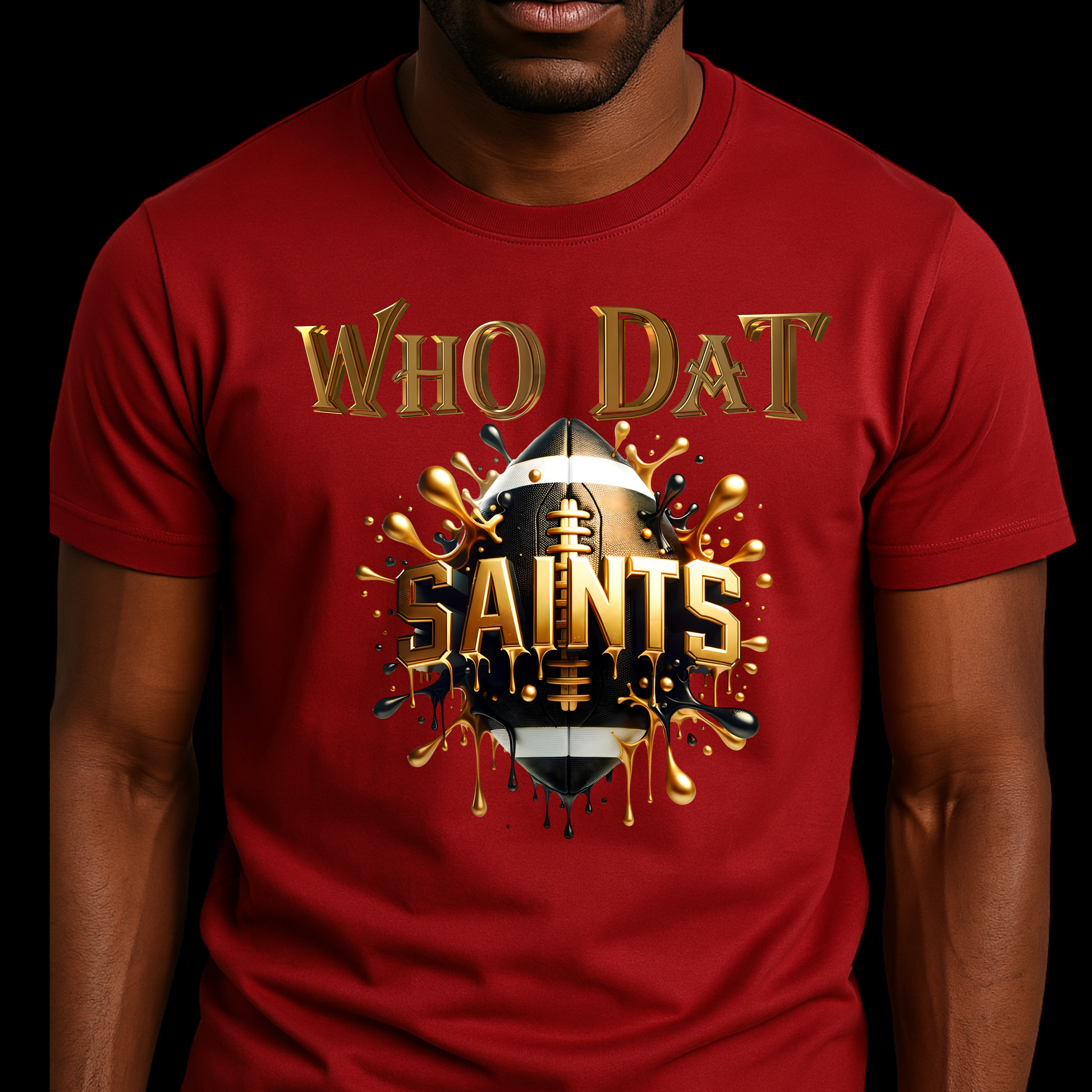 Red t-shirt with 'WHO DAT SAINTS' graphic design on a dark background Saints Football Shirt - Who Dat Saints Football Game Day T-Shirt