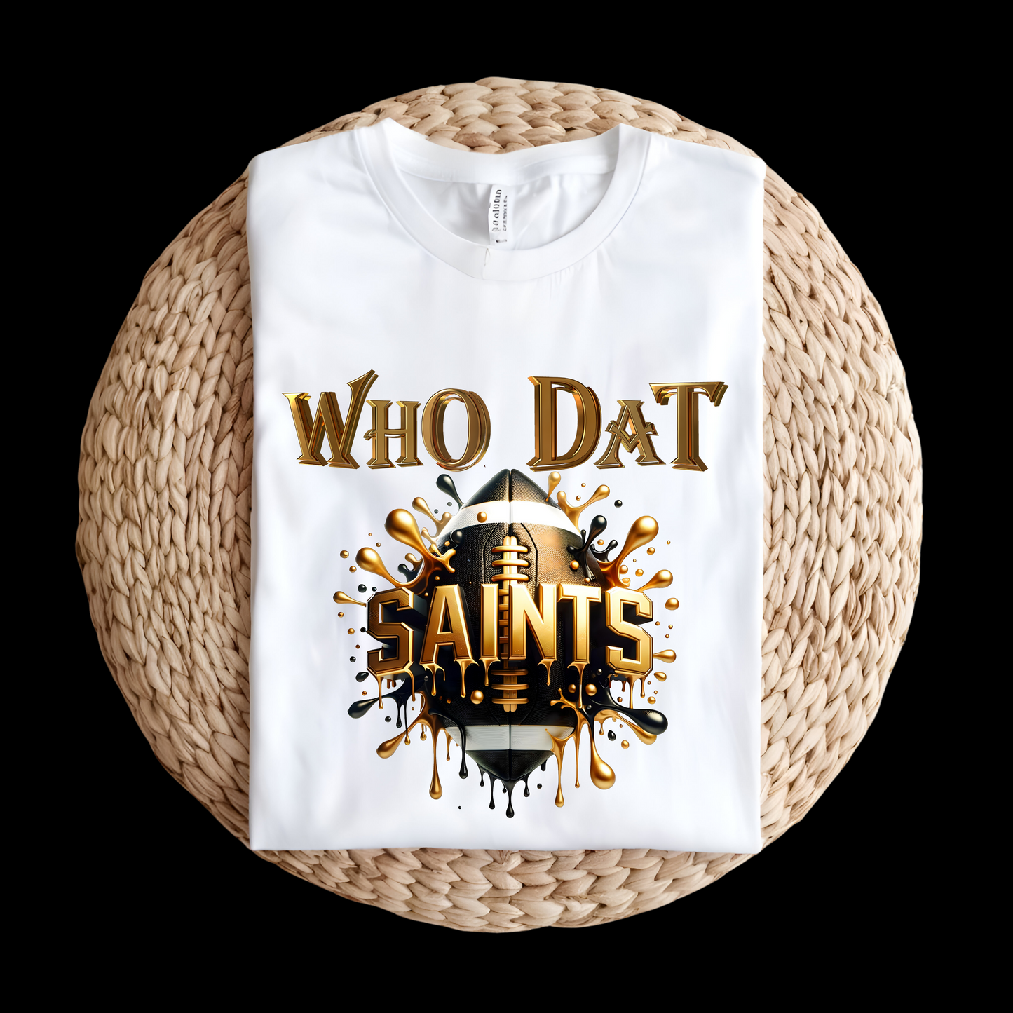 White sweatshirt with 'WHO DAT SAINTS' text and logo on a woven surface  Saints Football Shirt - Who Dat Saints Football Game Day T-Shirt