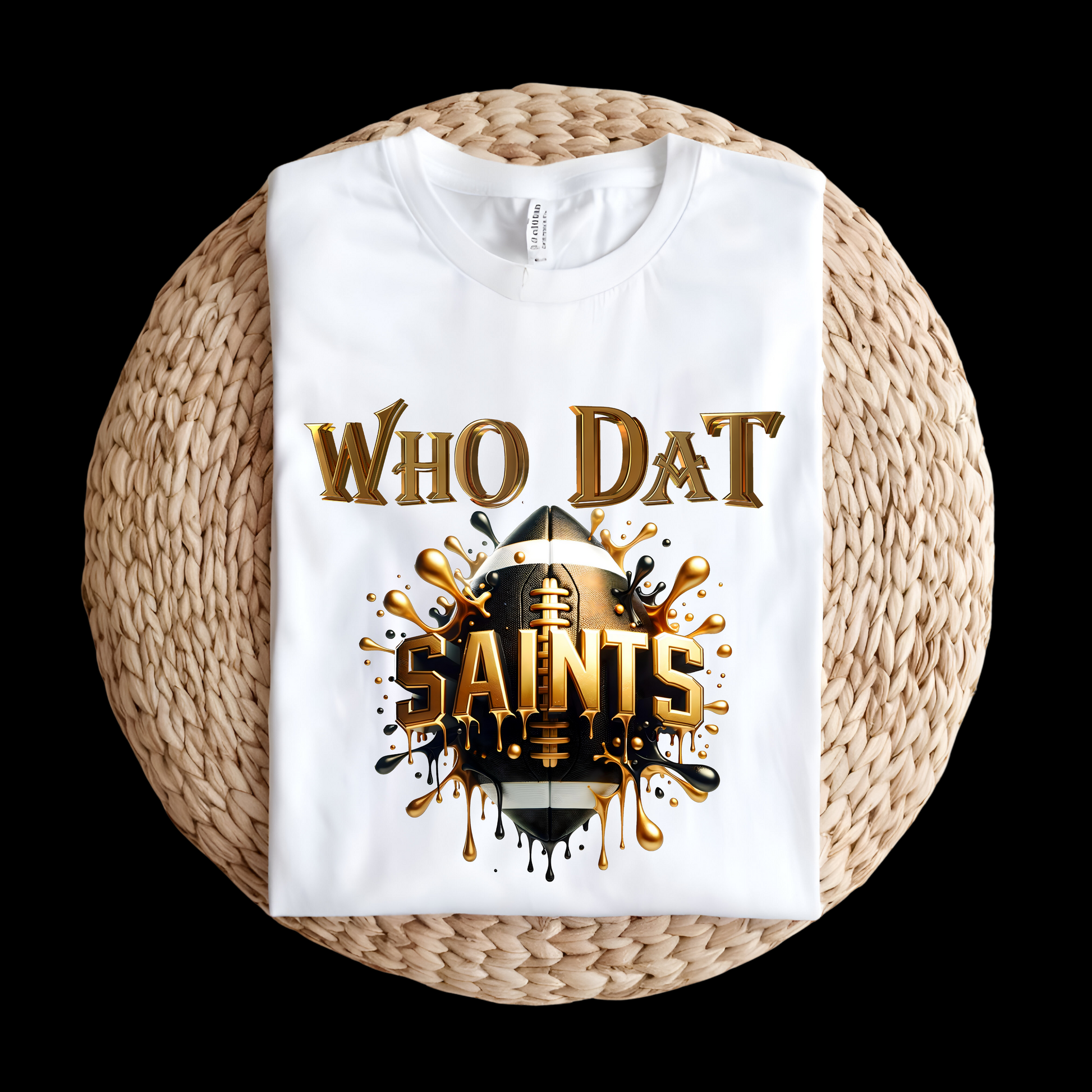 White sweatshirt with 'WHO DAT SAINTS' text and logo on a woven surface  Saints Football Shirt - Who Dat Saints Football Game Day T-Shirt