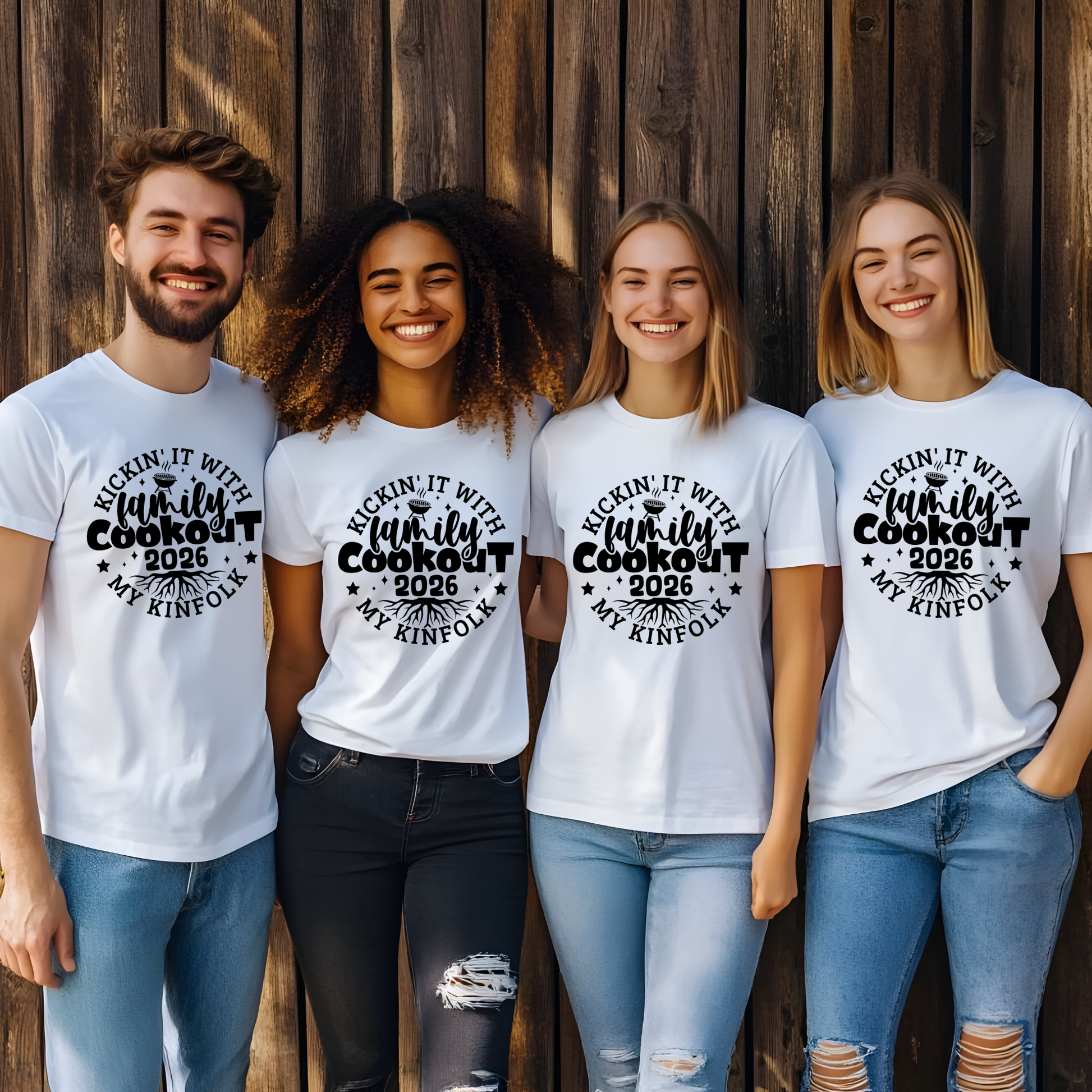 Four people wearing white t-shirts with 'Kickin' it with family cookout 2026' text against a wooden background.