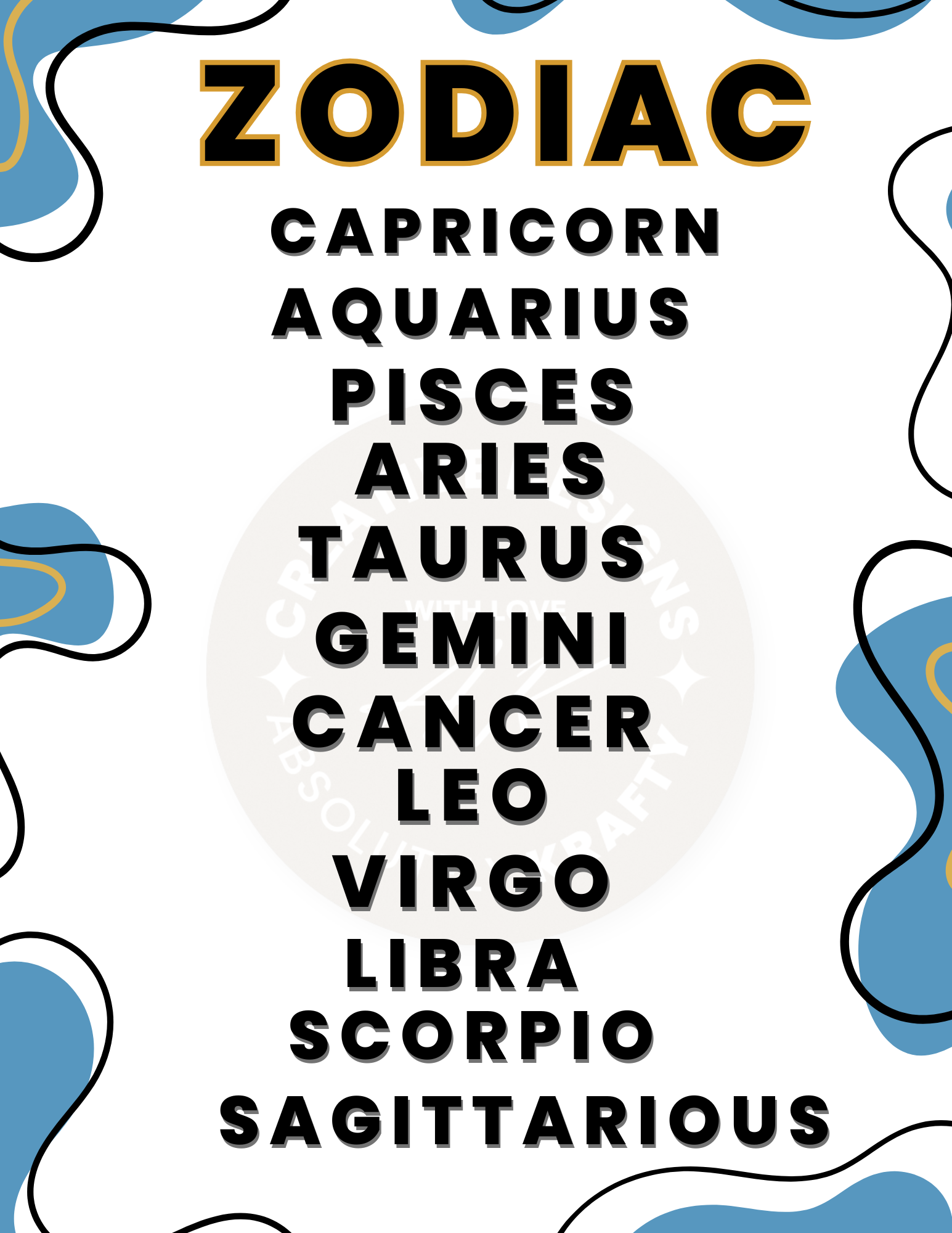 Zodiac signs listed from Capricorn to Sagittarius with abstract blue and white designs on a white background.